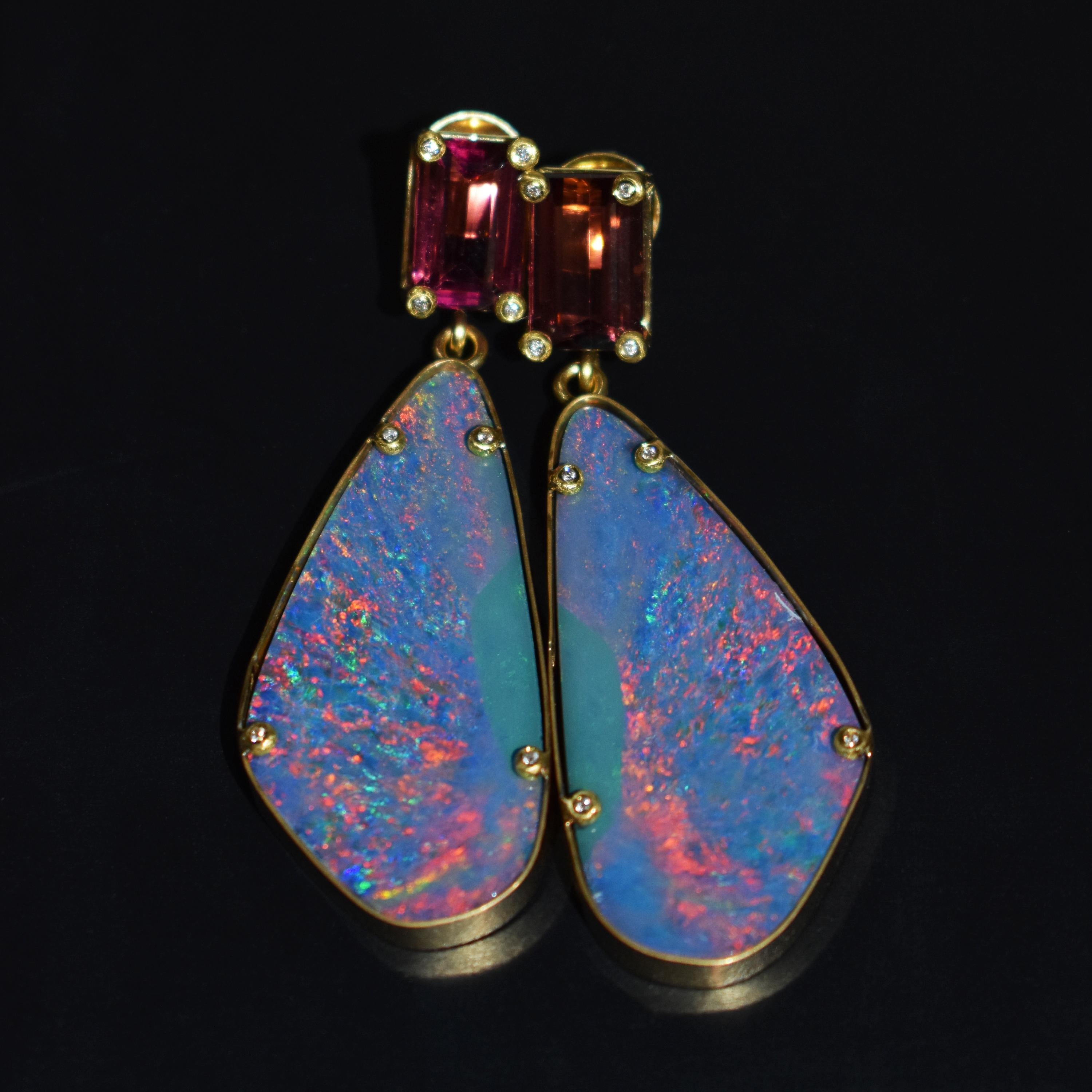 9.02 carat Pink Tourmaline and 37.6 carat Australian Boulder Opals set in hand-forged 22k yellow gold stud dangle earrings with accent white diamonds (0.08 cttw, G-H, SI1). Dangle earrings are 2.25 inches or 57mm in length. Amazing play-of-color and