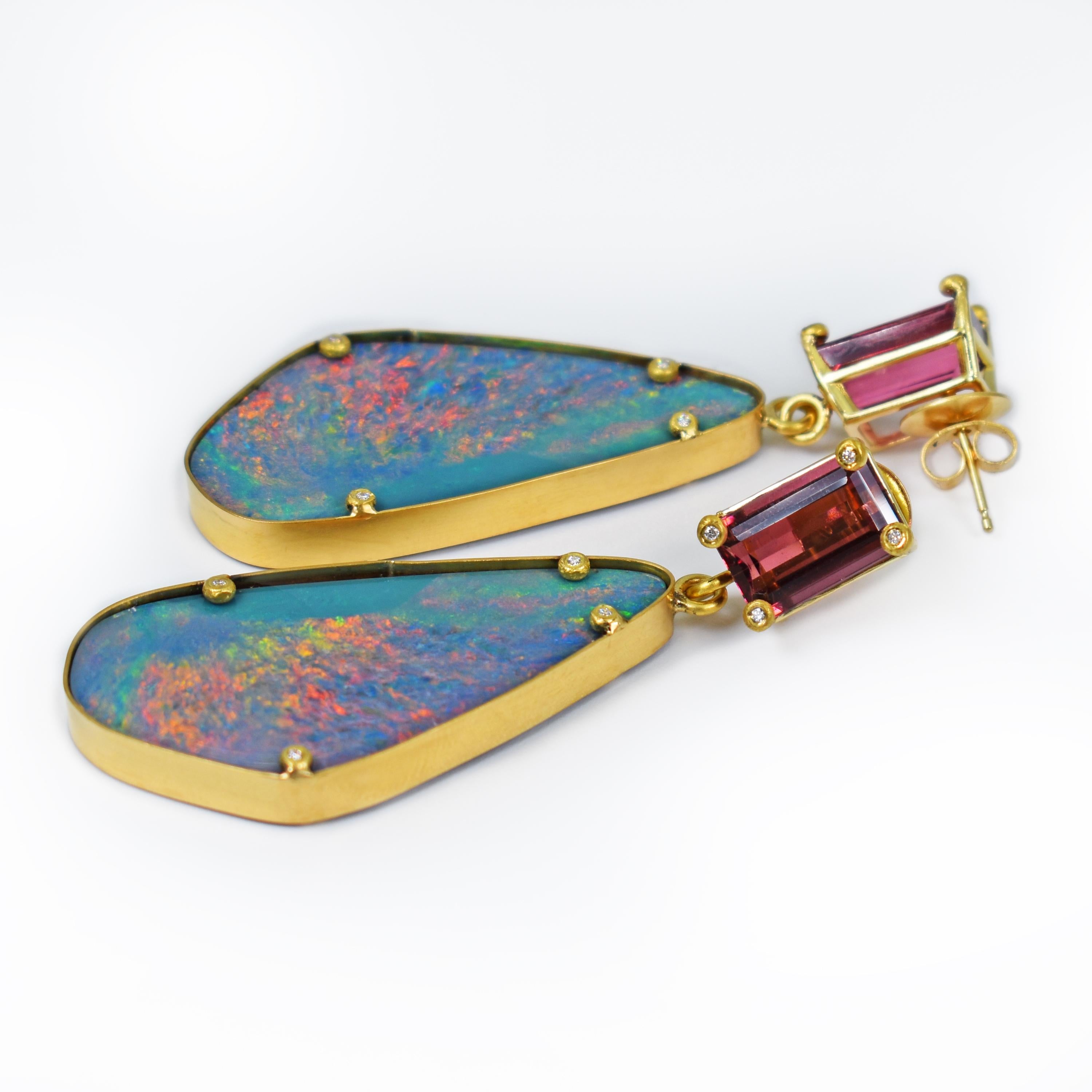 Contemporary Pink Tourmaline and Australian Boulder Opal 22 Karat Gold Dangle Earrings
