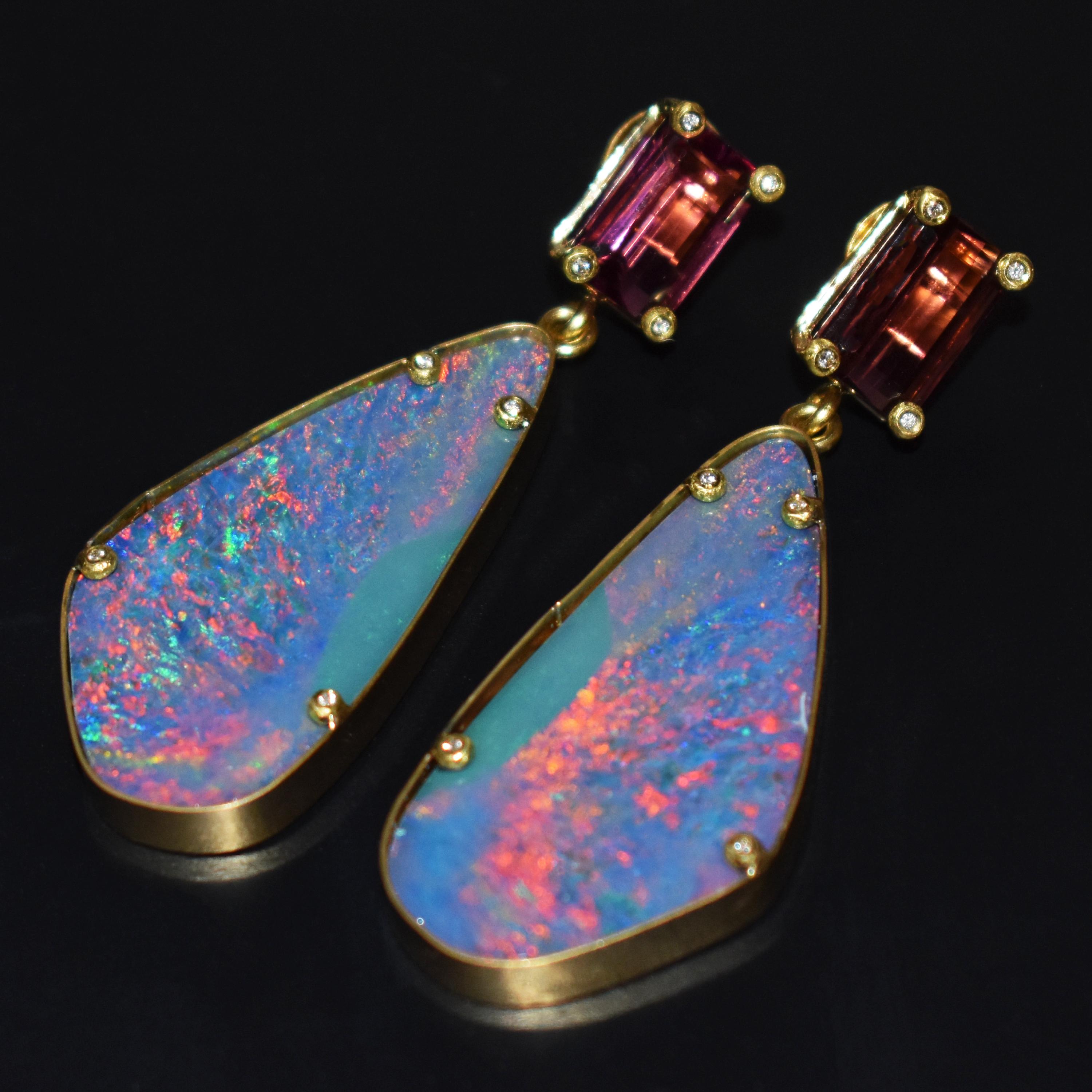 Emerald Cut Pink Tourmaline and Australian Boulder Opal 22 Karat Gold Dangle Earrings