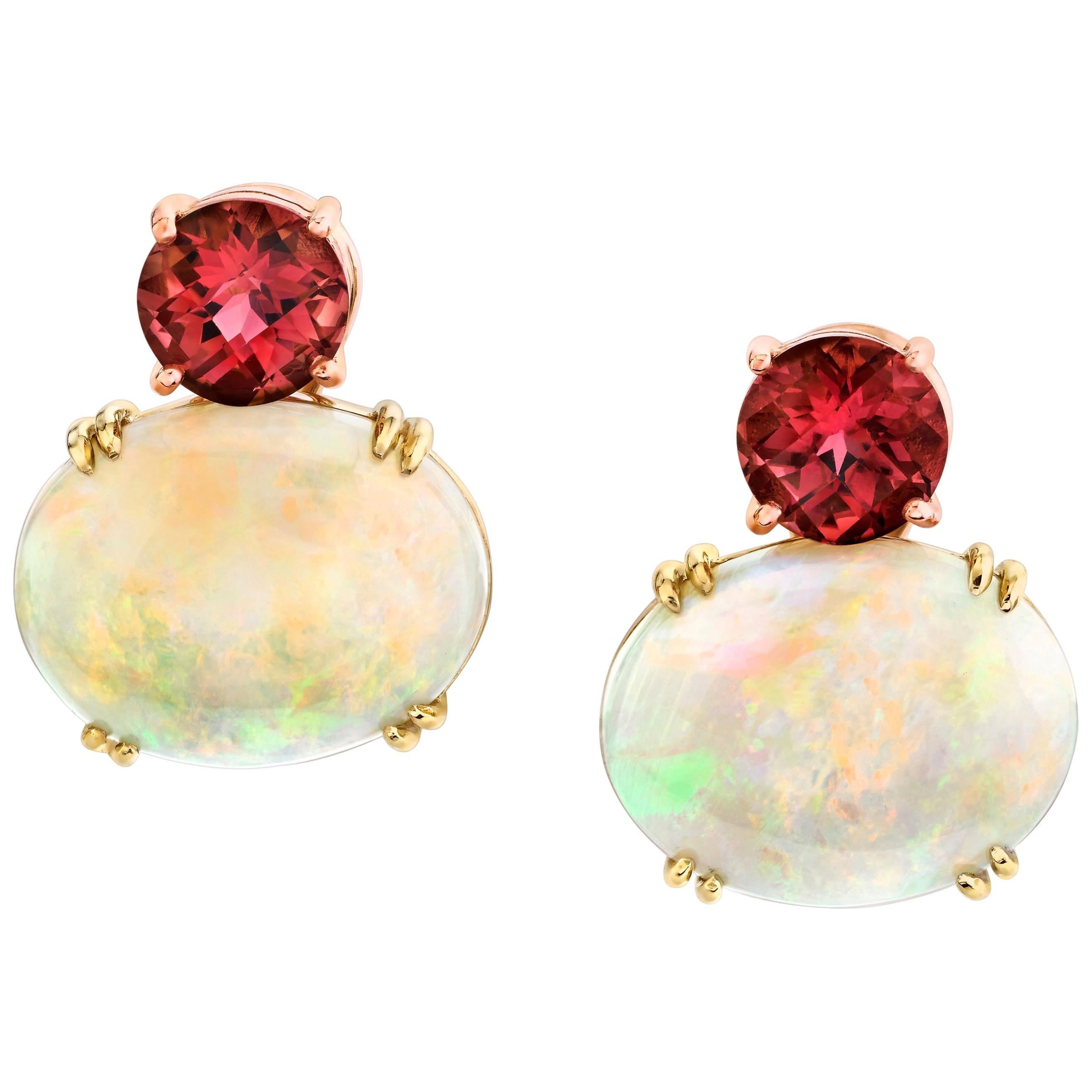 Pink Tourmaline & Australian Opal 18k Yellow and Rose Gold French Clip Earrings