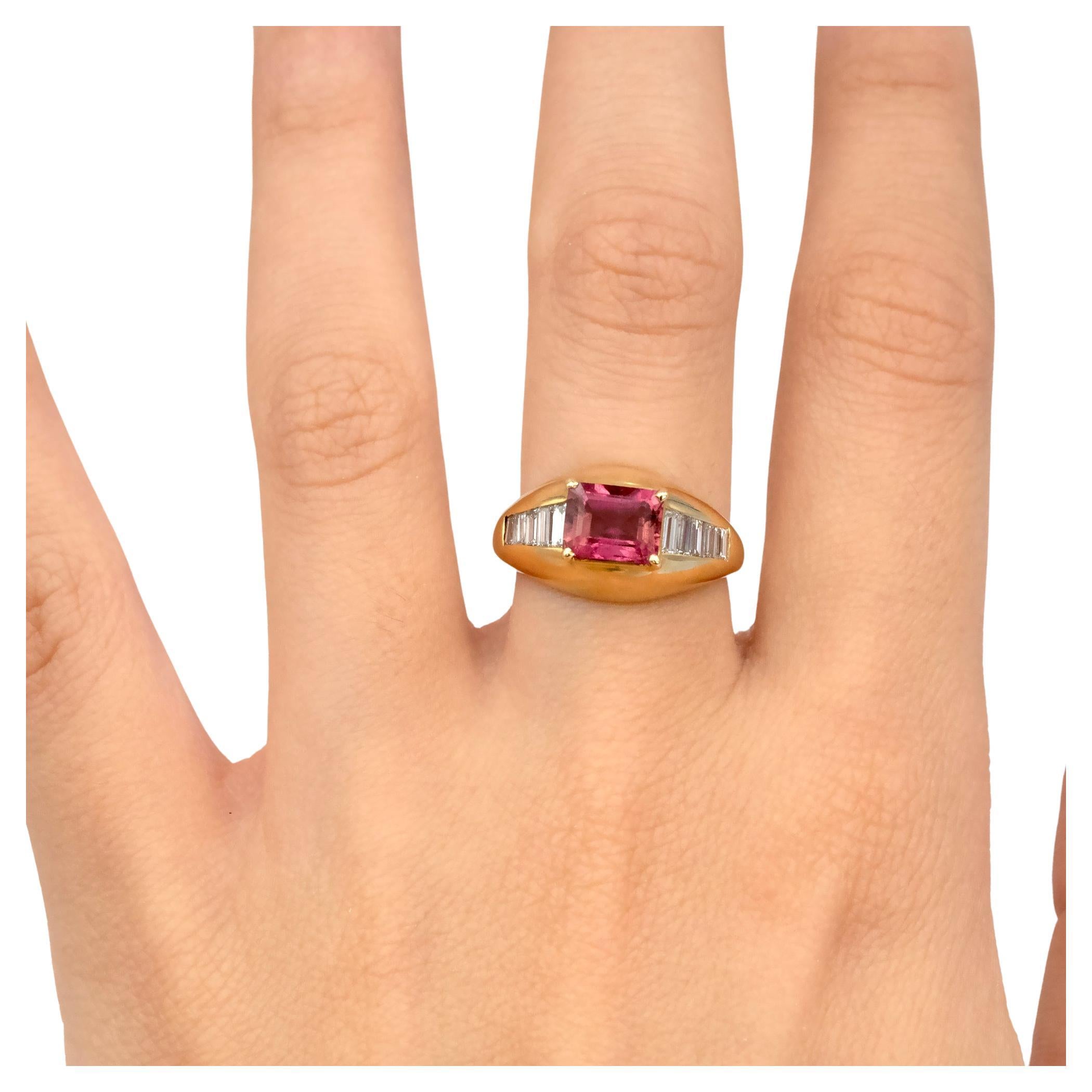 Emerald Cut Pink Tourmaline and Baguette Diamonds 18Kt Gold Ring For Sale