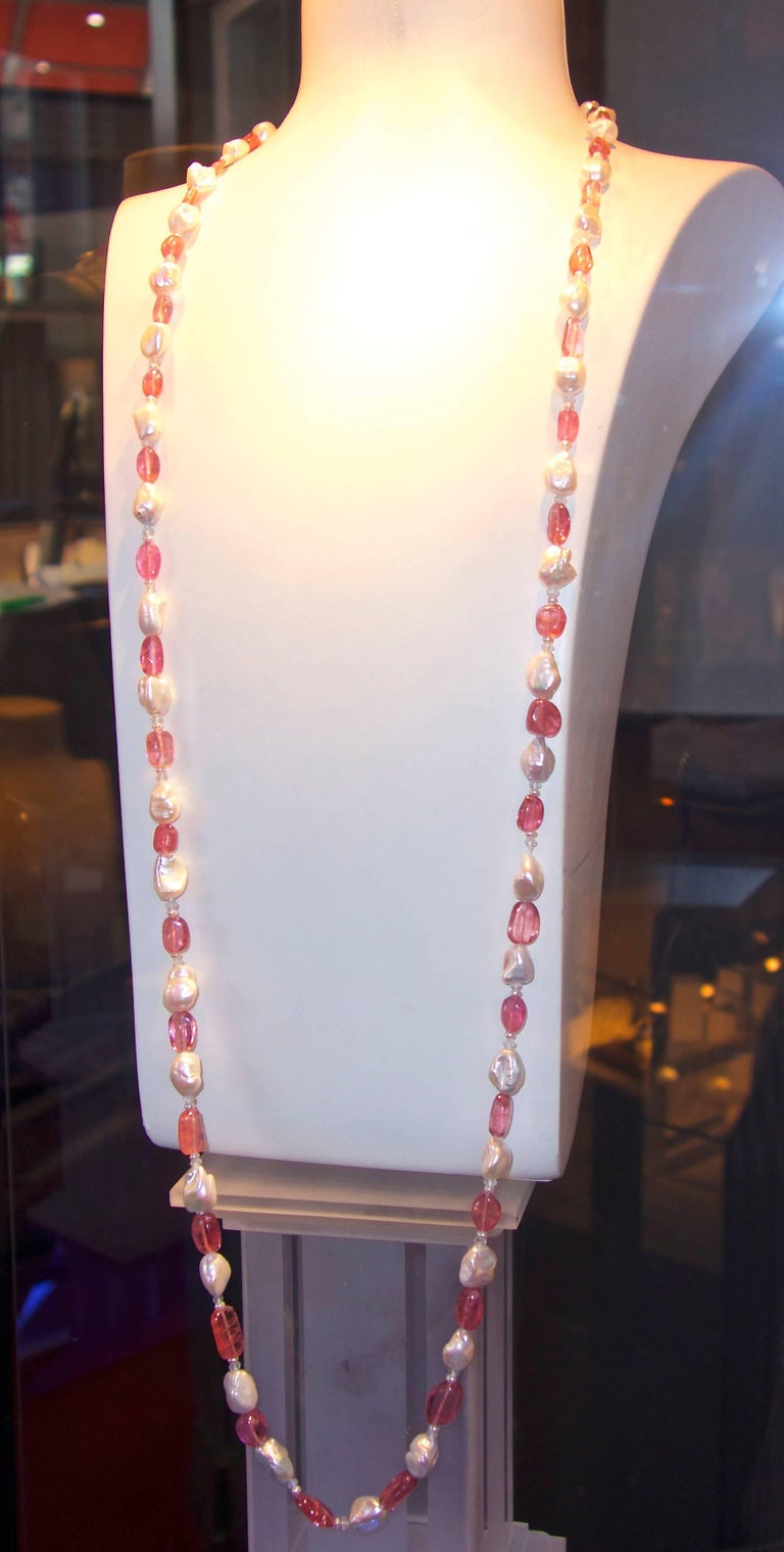 Pink Tourmaline and Baroque Pearl Necklace For Sale at 1stDibs