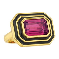6.55 Carat Emerald Cut Pink Tourmaline Black Enamel Art Deco Style Cocktail Ring