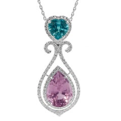 Pink Tourmaline and Blue Zircon White Gold Pendant