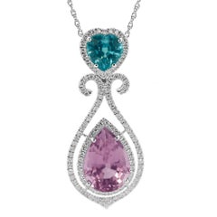 Pink Tourmaline and Blue Zircon White Gold Pendant 