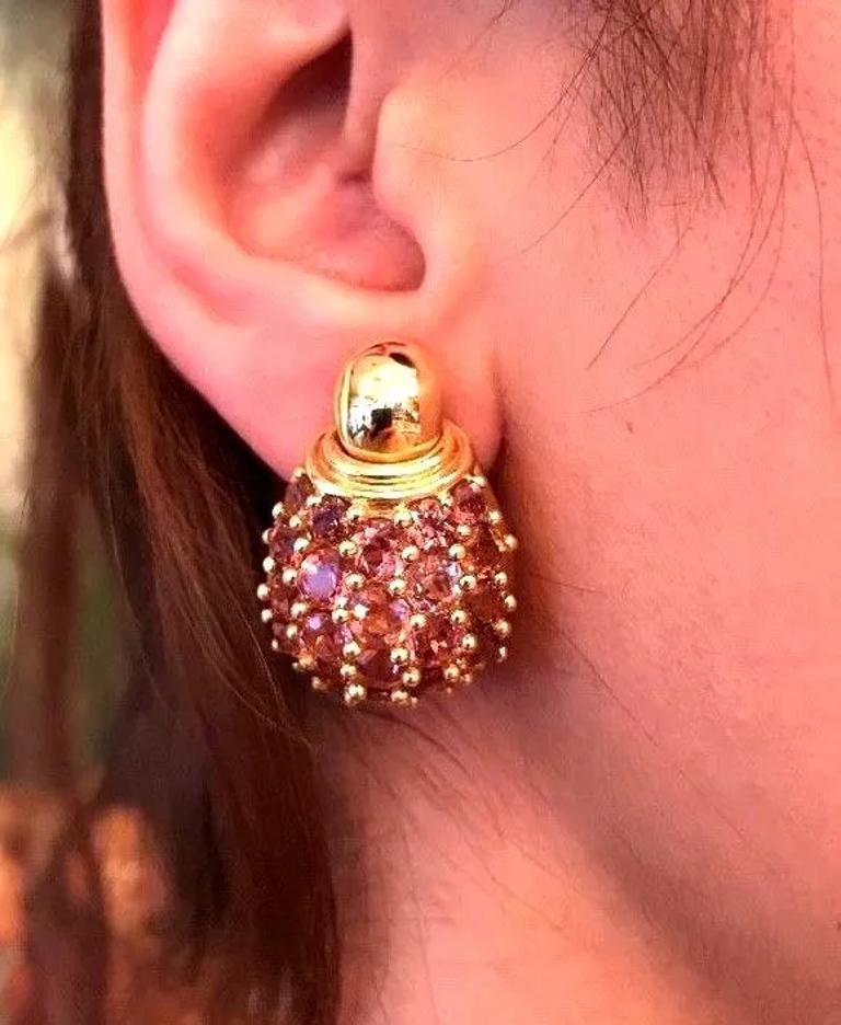 Round Cut Pink Tourmaline and Citrine Cluster Earrings in 18k Yellow Gold For Sale