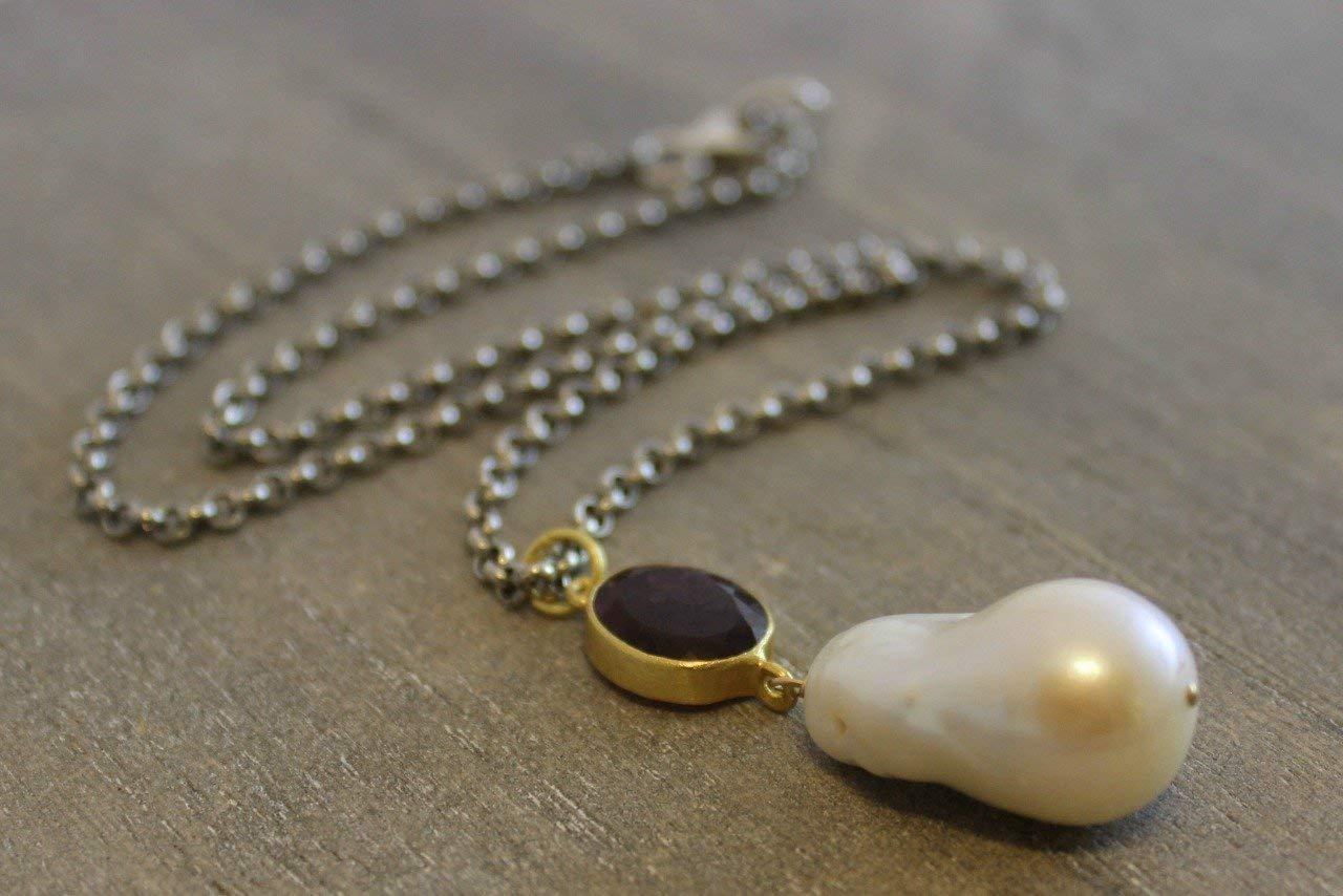 Artisan Pink Tourmaline and Cultured Freshwater Baroque Pearl Sterling Silver Necklace For Sale
