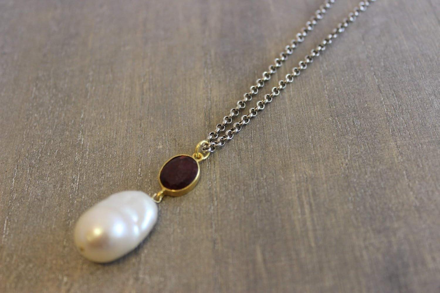 Mixed Cut Pink Tourmaline and Cultured Freshwater Baroque Pearl Sterling Silver Necklace For Sale
