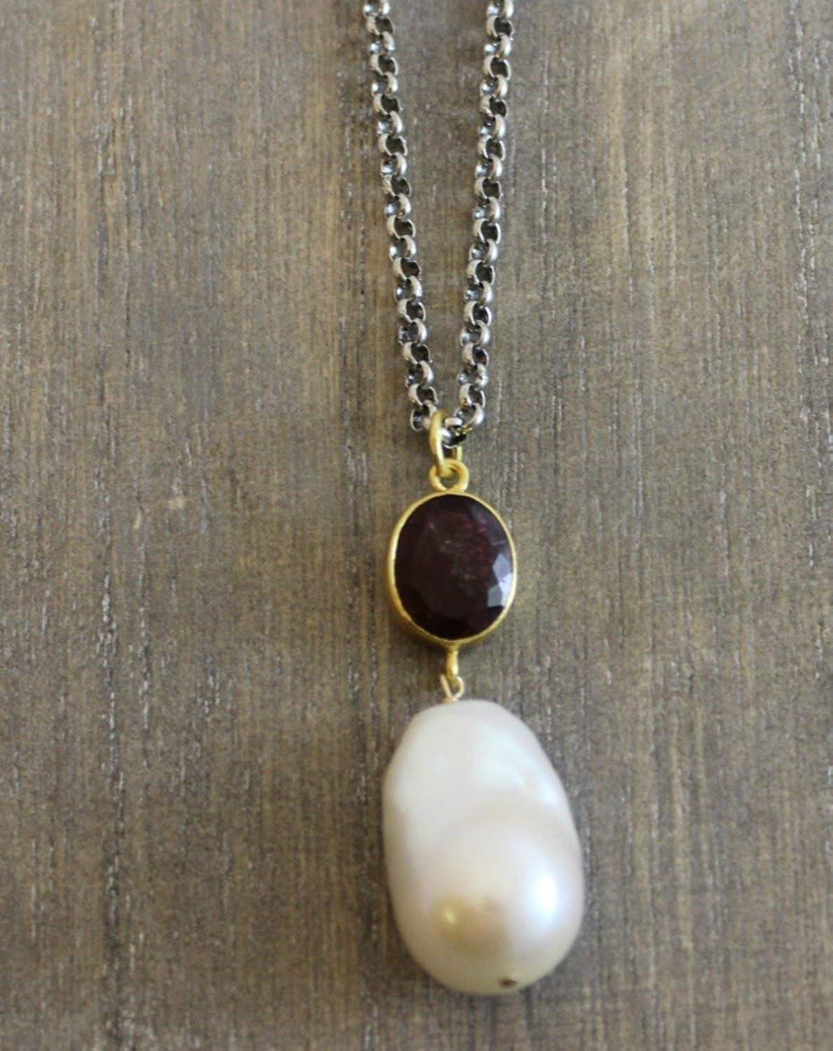 Women's Pink Tourmaline and Cultured Freshwater Baroque Pearl Sterling Silver Necklace For Sale