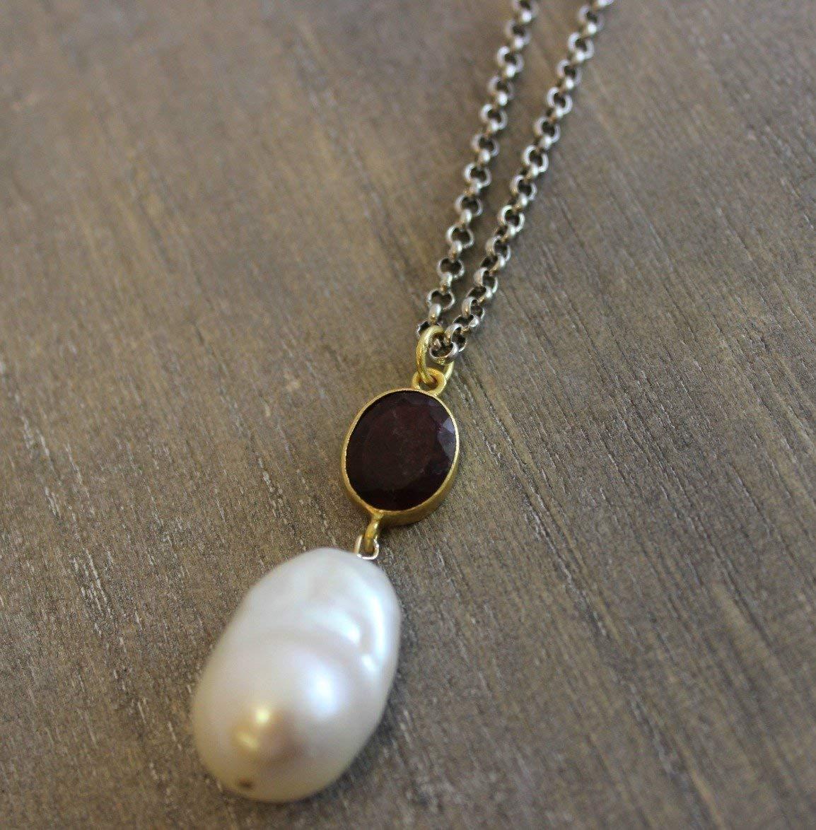 Pink Tourmaline and Cultured Freshwater Baroque Pearl Sterling Silver Necklace For Sale 2