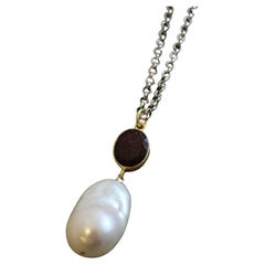 Pink Tourmaline and Cultured Freshwater Baroque Pearl Sterling Silver Necklace