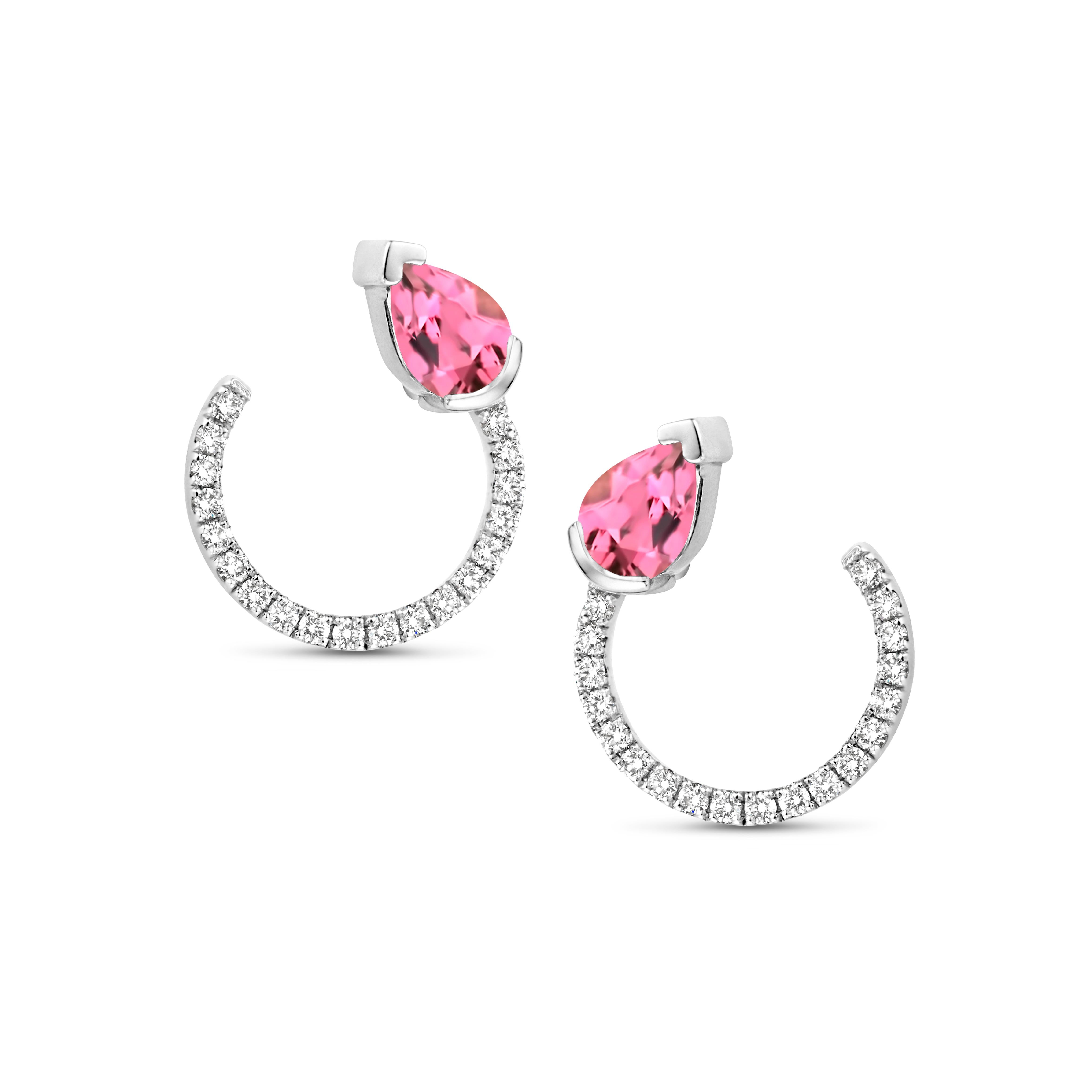 Modern Pink Tourmaline and Diamond 0.30 Carat Vs-Fg 18k Yellow Gold Curved Earrings For Sale