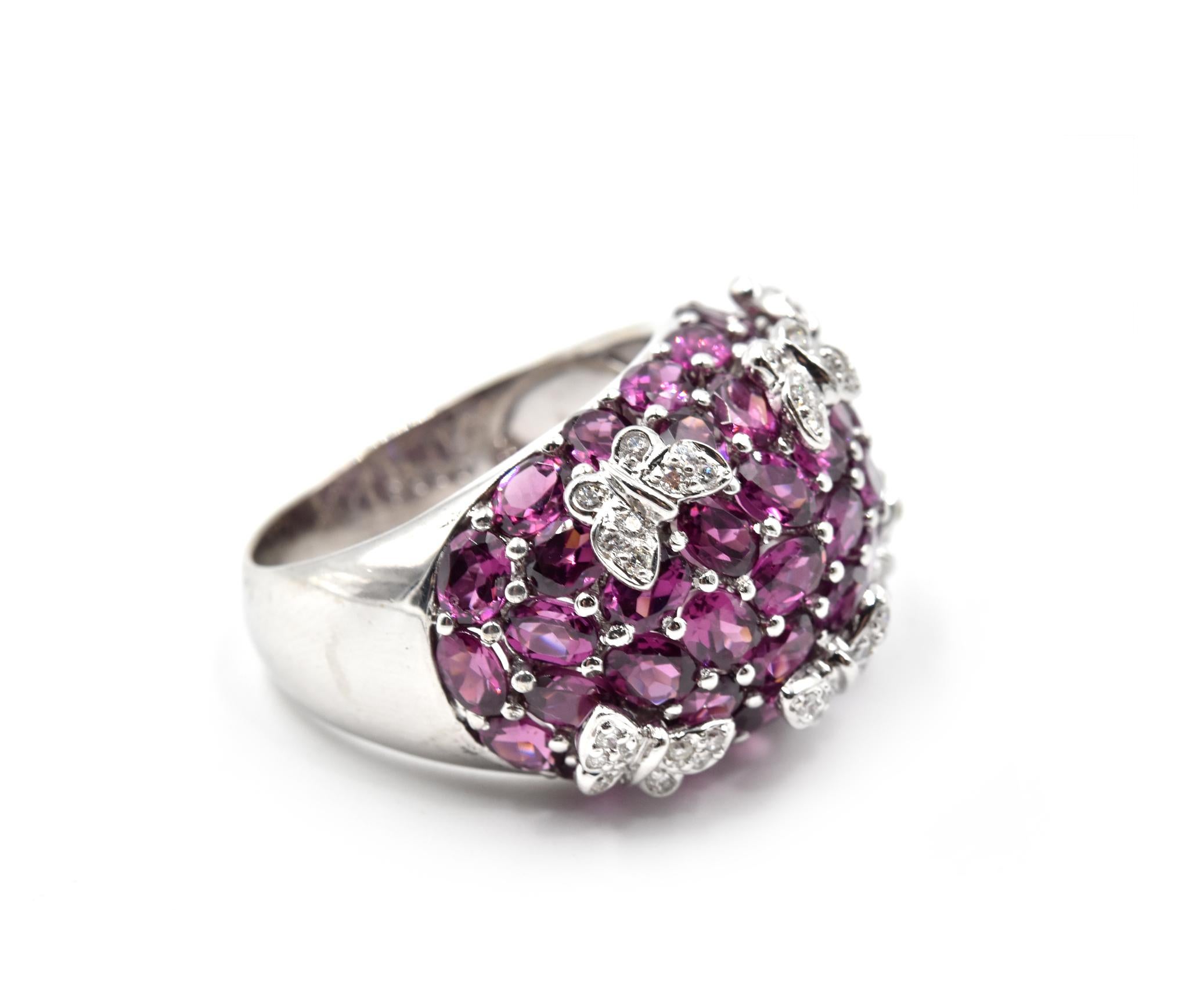 Designer: custom design
Material: 14k white gold 
Pink Tourmaline: 45 round cut = 7.50 carat weight
Diamonds: 36 round cut = 0.30 carat weight
Ring Size: 10 (please allow two additional shipping days for sizing requests) 
Weight: 13.00 grams

