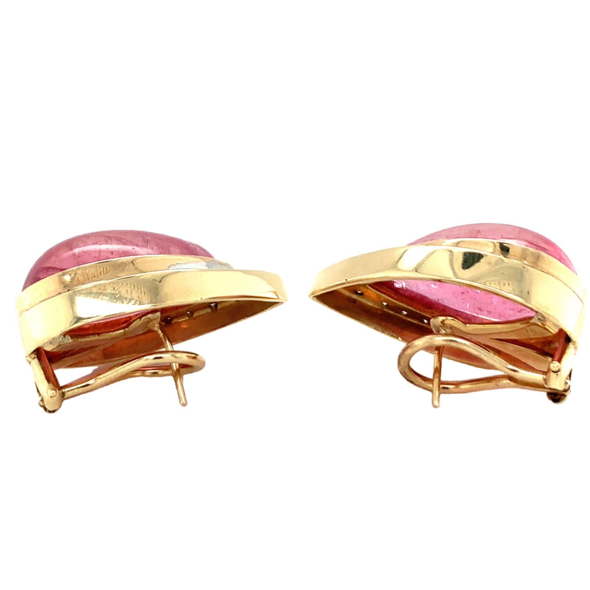 Cabochon Pink Tourmaline and Diamond 14K Yellow Gold Earrings, circa 1970s For Sale
