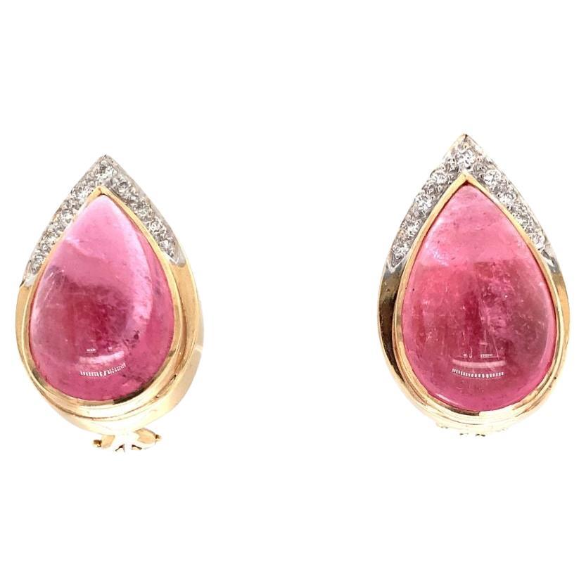 Pink Tourmaline and Diamond 14K Yellow Gold Earrings, circa 1970s For Sale