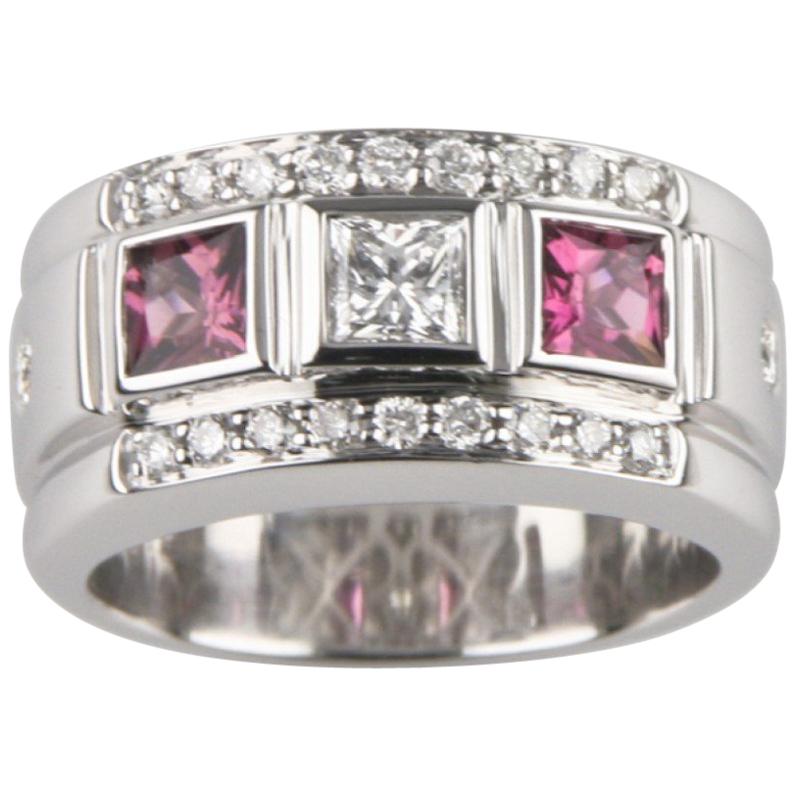 Pink Tourmaline and Diamond 18 Karat White Gold Band Ring For Sale