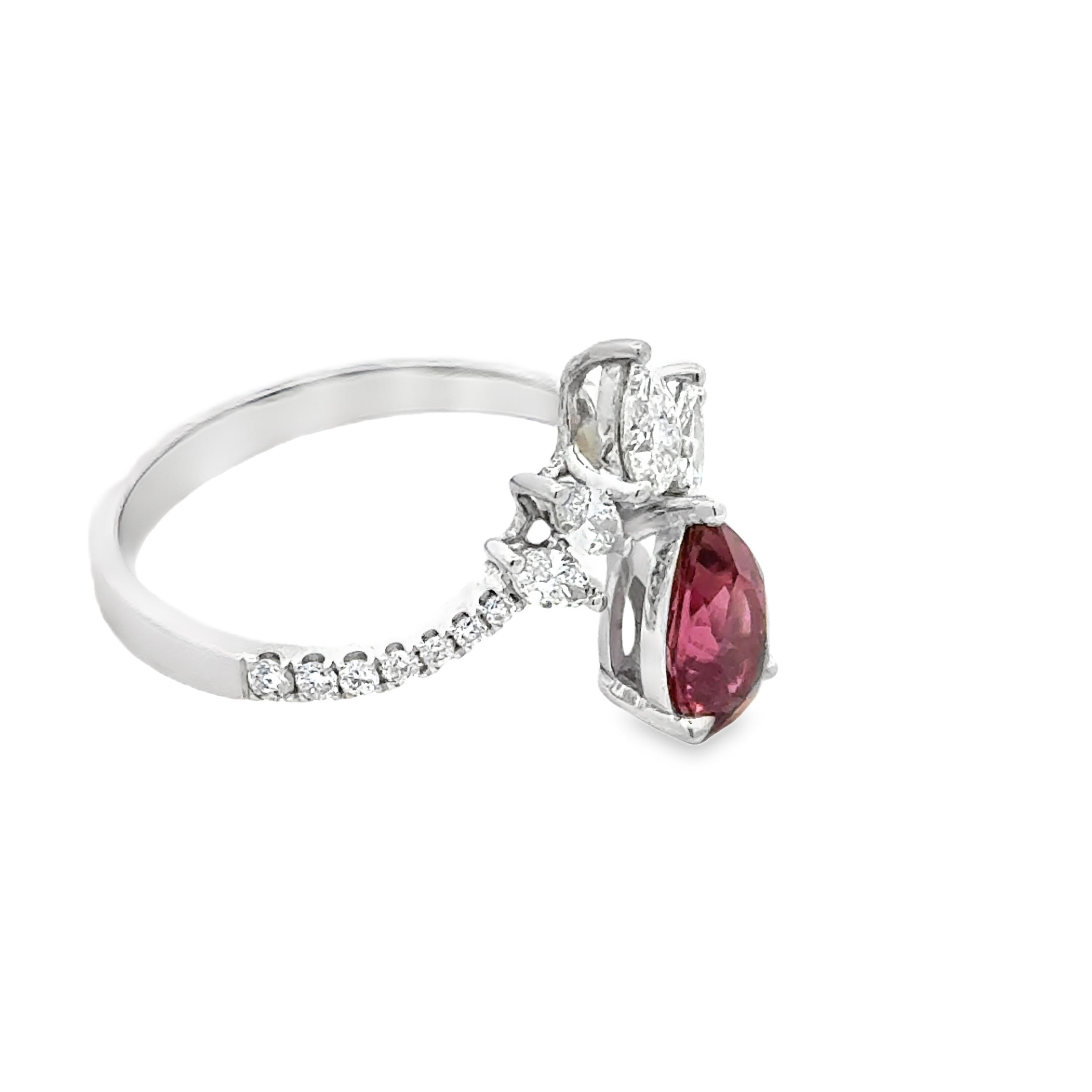Pear Cut Pink Tourmaline and Diamond 18K White Gold Cocktail Ring