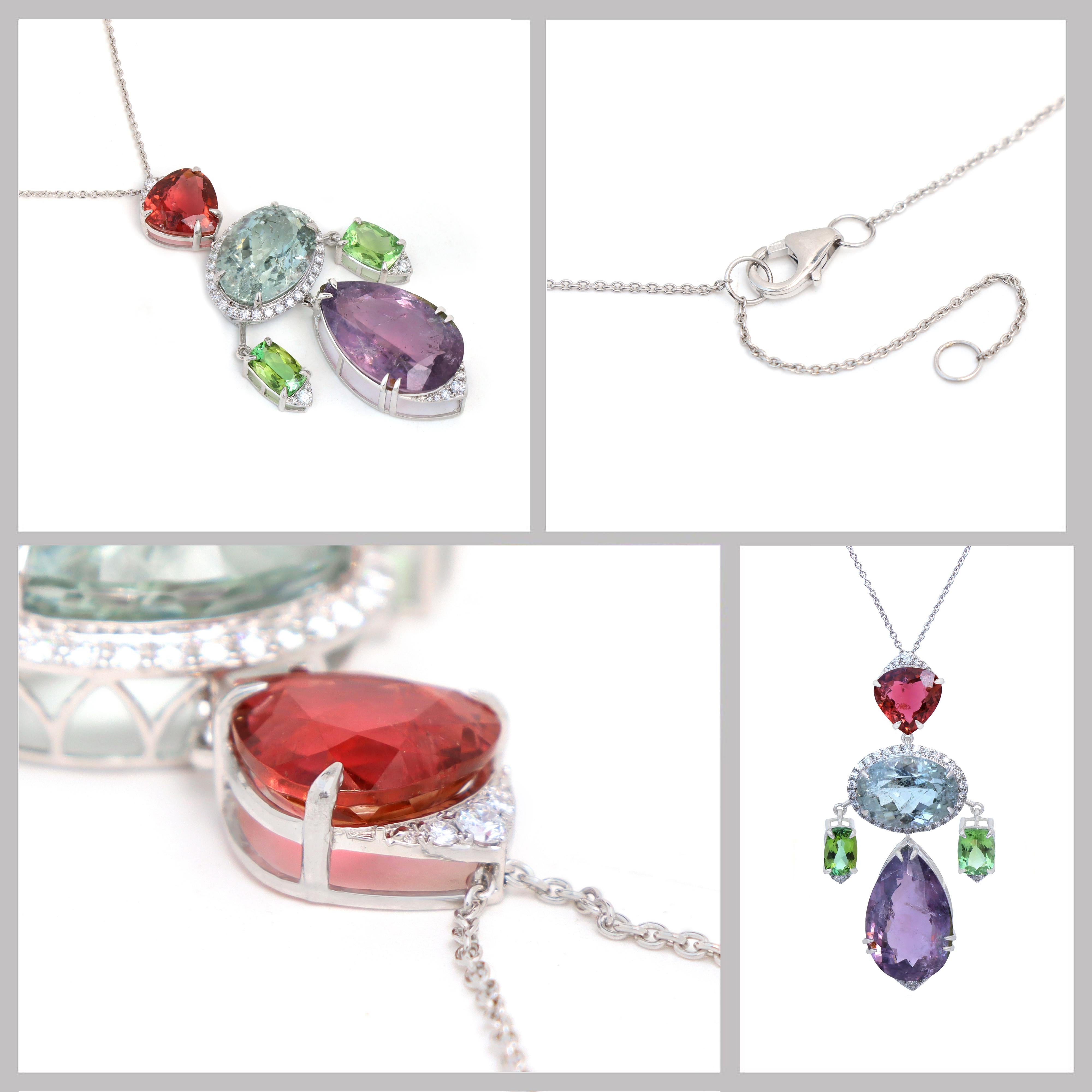 Art Deco Pink Tourmaline And Diamond 18k White Gold Pendant Necklace For Sale