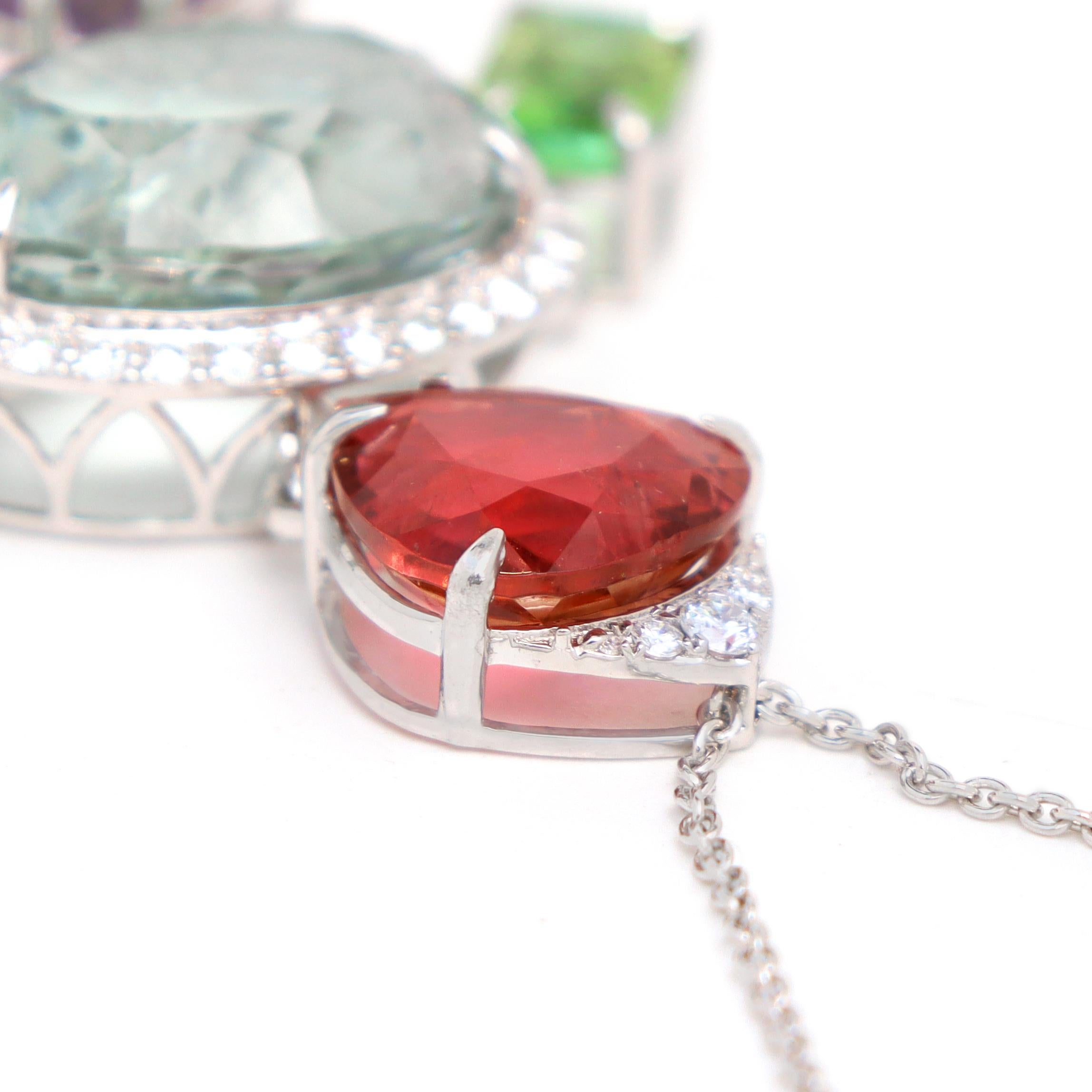 Pink Tourmaline And Diamond 18k White Gold Pendant Necklace In New Condition For Sale In Jaipur, IN