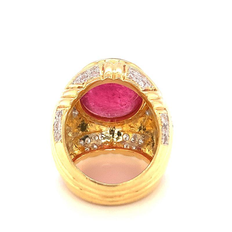 Cabochon Pink Tourmaline and Diamond 18k Yellow Gold Dome Ring, circa 1970s For Sale