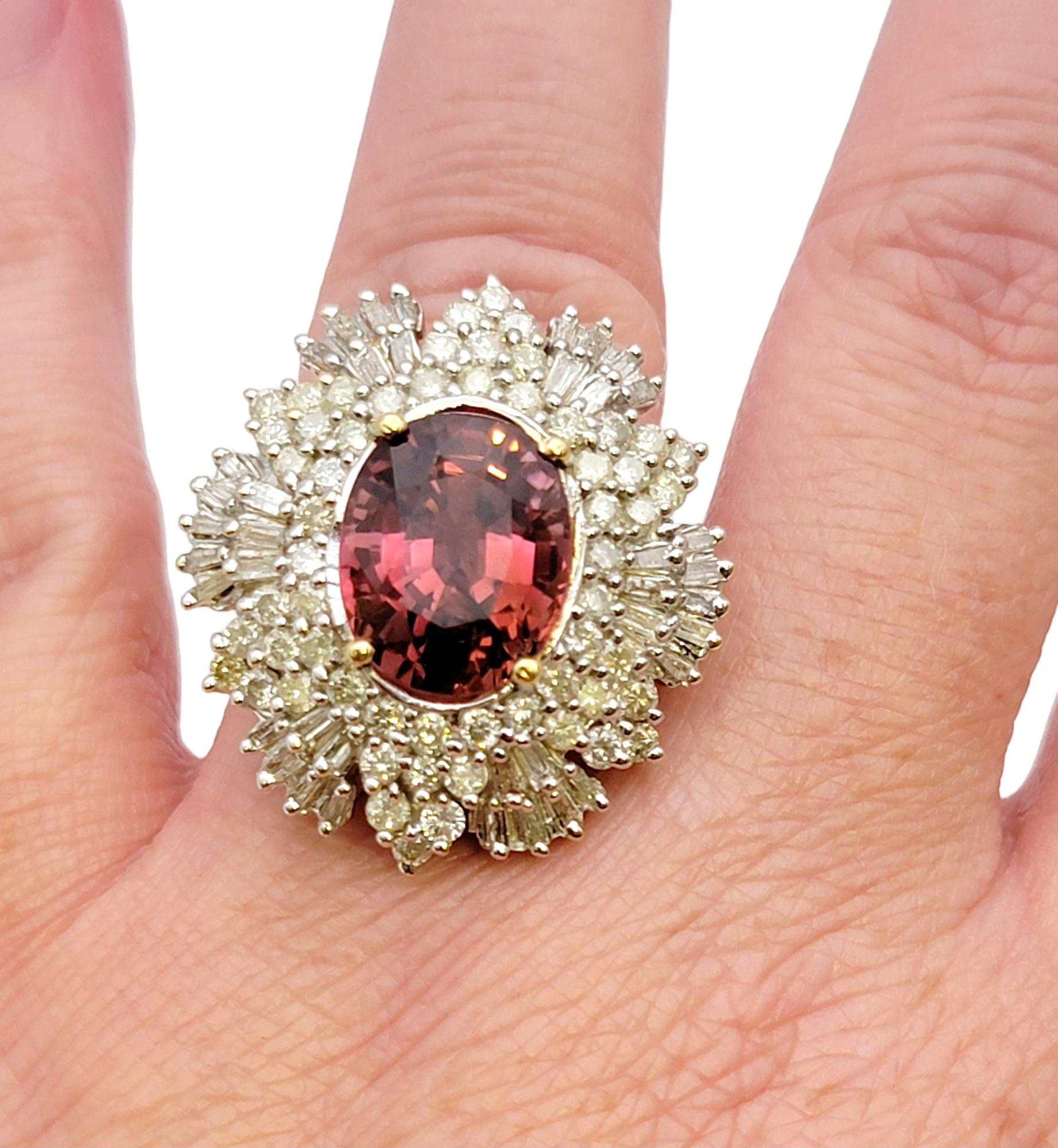 Pink Tourmaline and Diamond Ballerina Style 14 Karat Yellow Gold Cocktail Ring For Sale 5