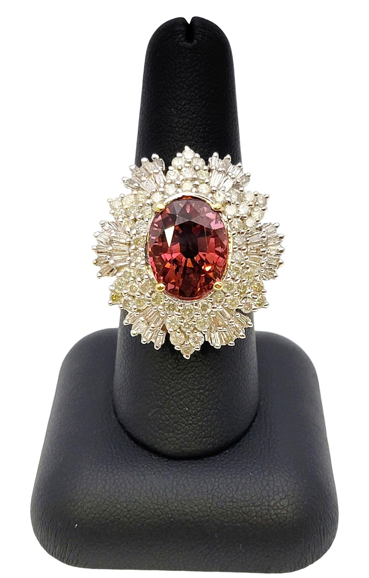 Pink Tourmaline and Diamond Ballerina Style 14 Karat Yellow Gold Cocktail Ring For Sale 6