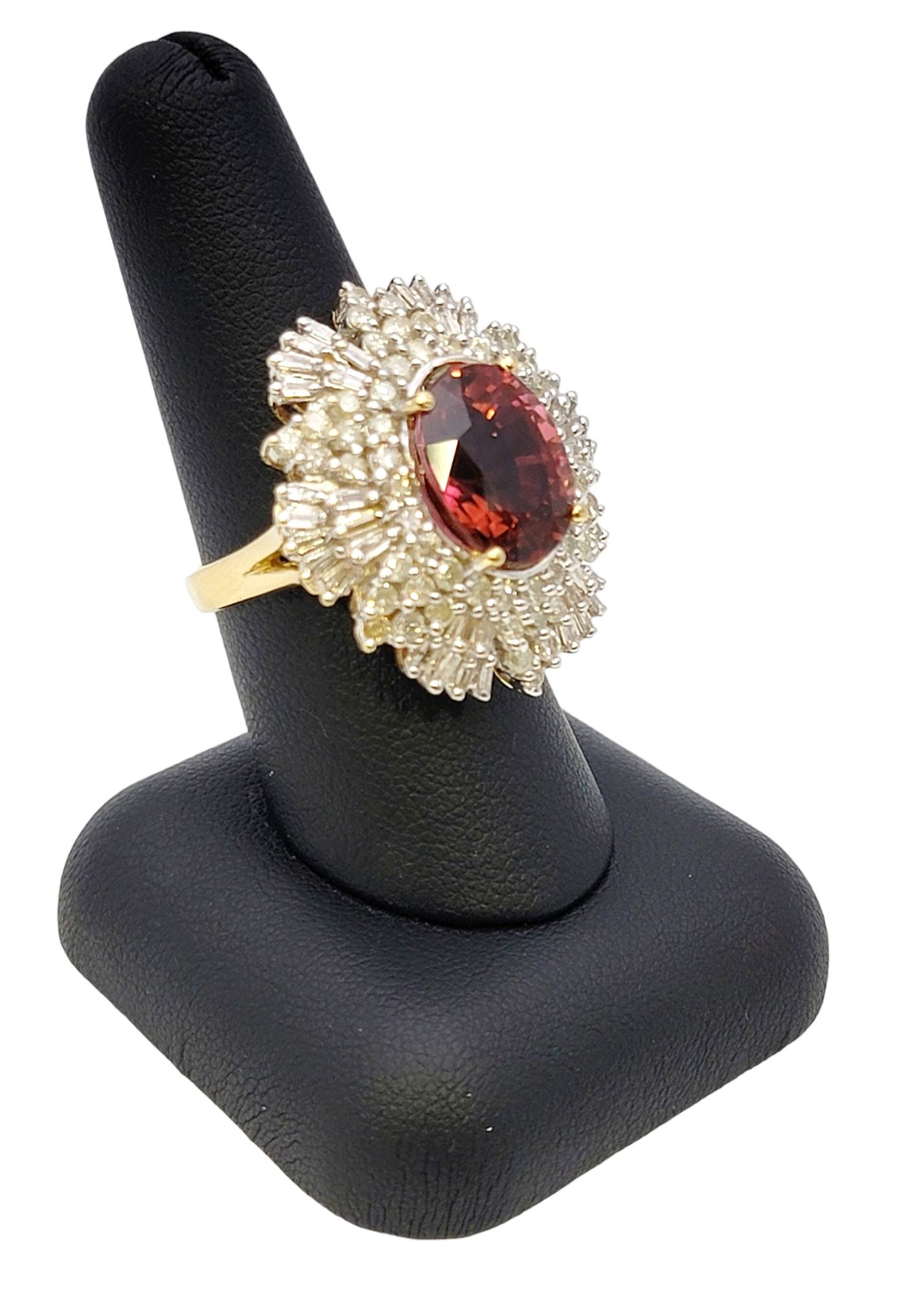 Pink Tourmaline and Diamond Ballerina Style 14 Karat Yellow Gold Cocktail Ring For Sale 7