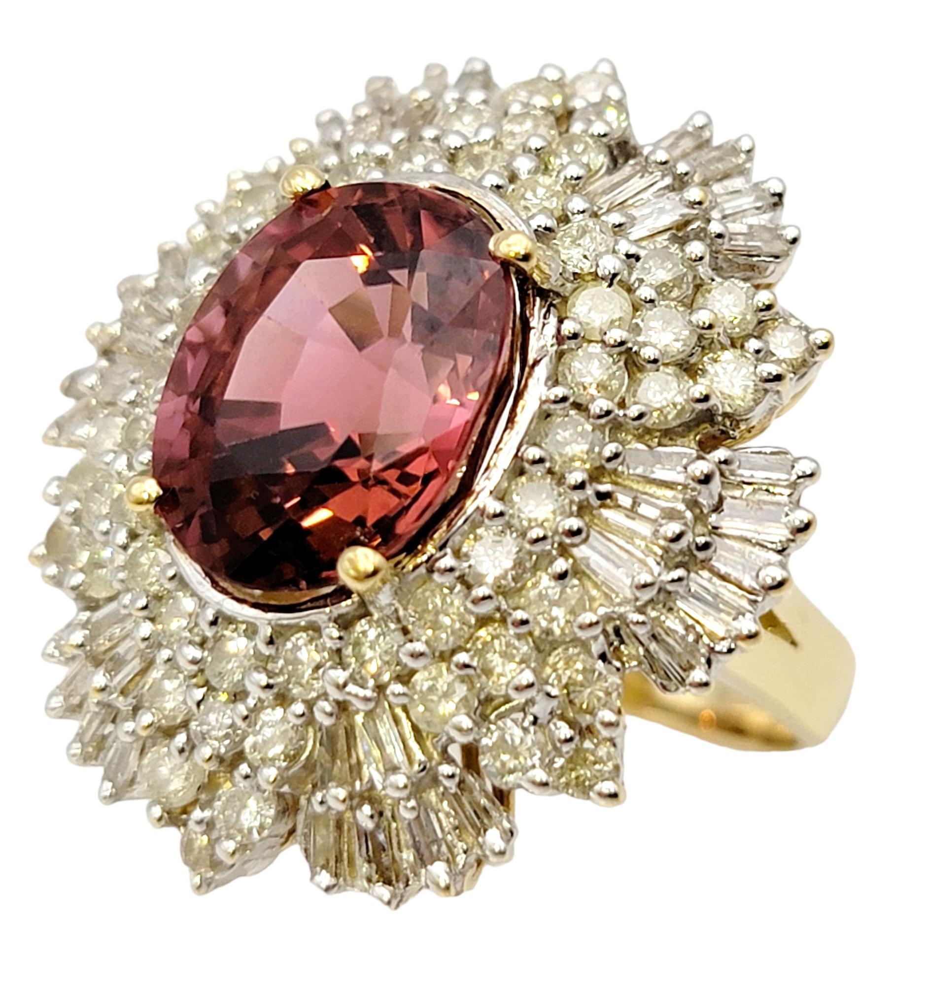 Ring size: 8.25

This stunningly sparkly diamond and pink tourmaline ring makes a sensational statement. The dazzling diamond detailing fills the finger, making it shimmer from every angle, while the bright pop of color from the pink tourmaline adds
