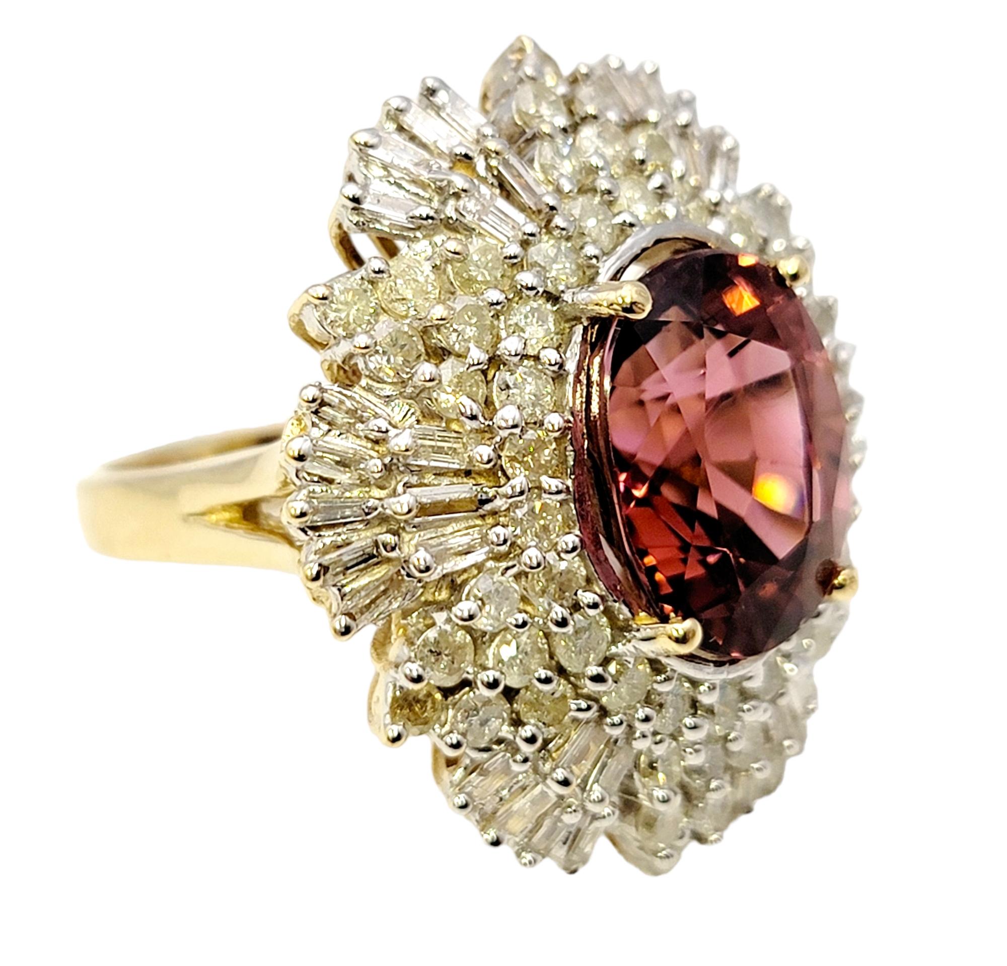 Contemporary Pink Tourmaline and Diamond Ballerina Style 14 Karat Yellow Gold Cocktail Ring For Sale