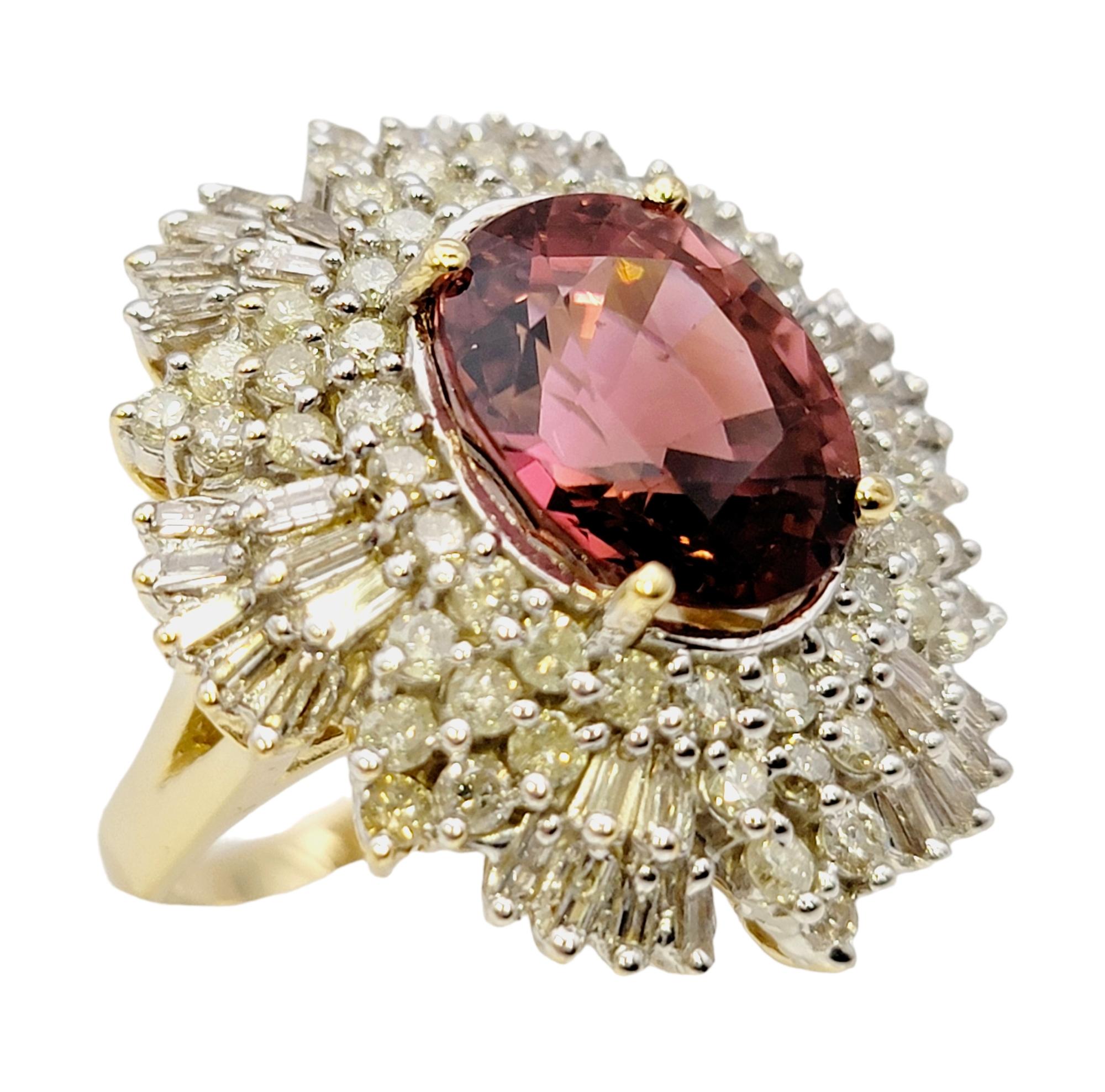 Oval Cut Pink Tourmaline and Diamond Ballerina Style 14 Karat Yellow Gold Cocktail Ring For Sale