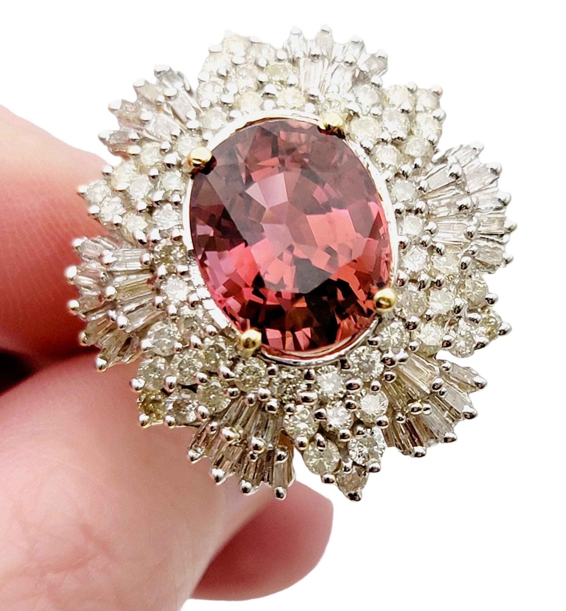 Pink Tourmaline and Diamond Ballerina Style 14 Karat Yellow Gold Cocktail Ring For Sale 3