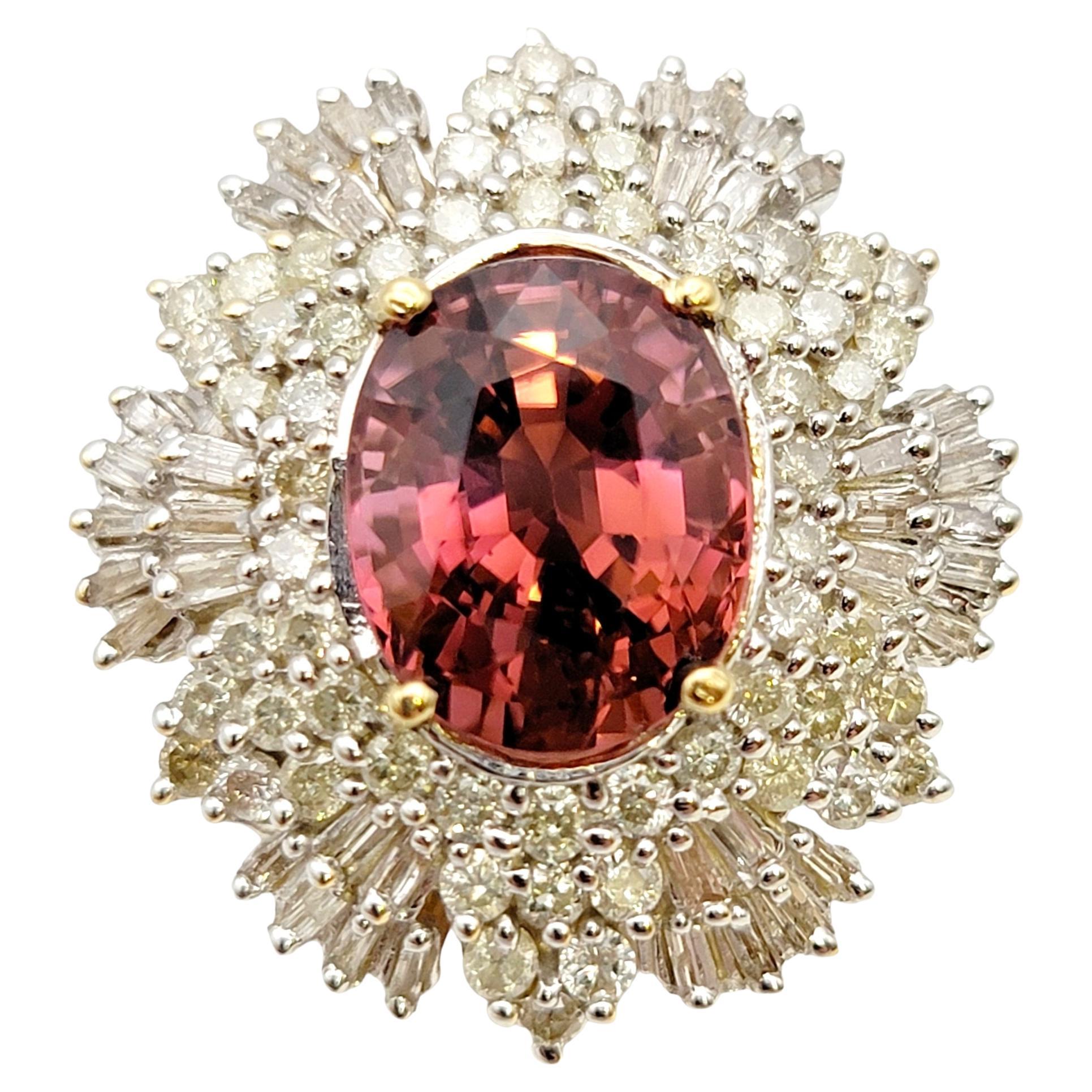 Pink Tourmaline and Diamond Ballerina Style 14 Karat Yellow Gold Cocktail Ring For Sale