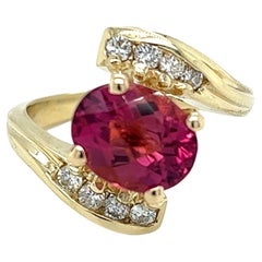 Vintage Pink Tourmaline and Diamond Bypass Ring in 14K Yellow Gold