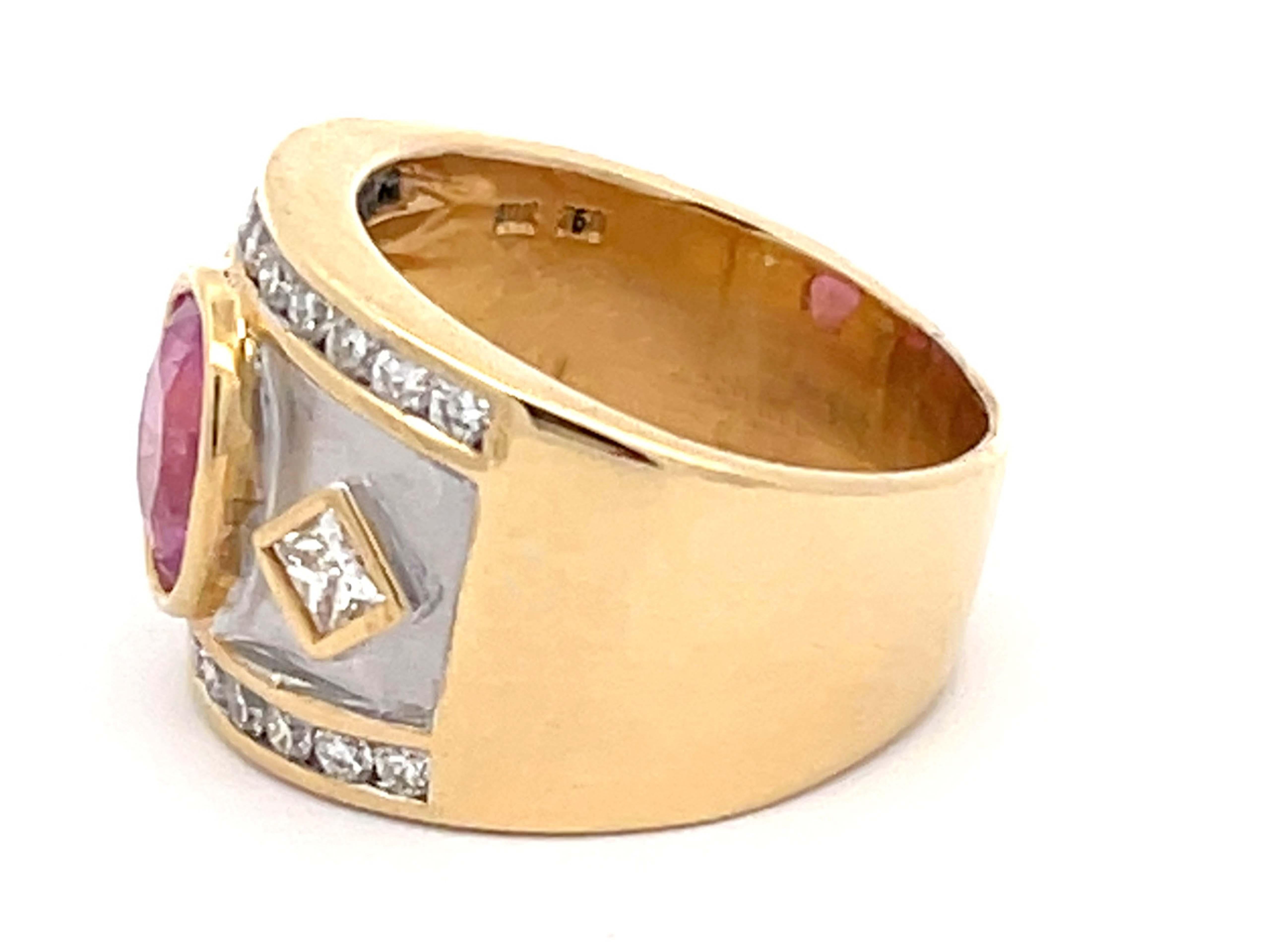 Brilliant Cut Pink Tourmaline and Diamond Cigar Band Ring in 18K Yellow Gold For Sale