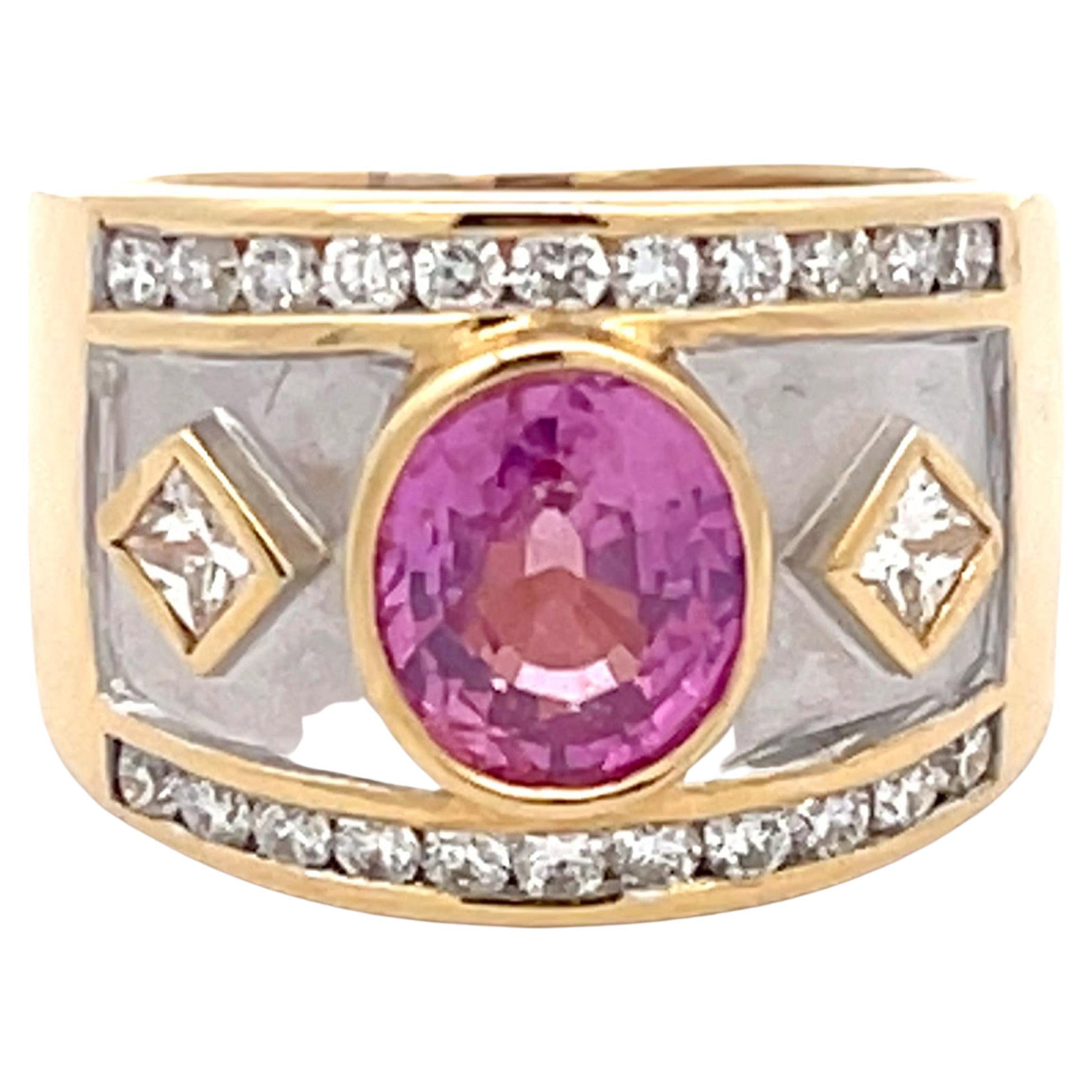 Pink Tourmaline and Diamond Cigar Band Ring in 18K Yellow Gold For Sale