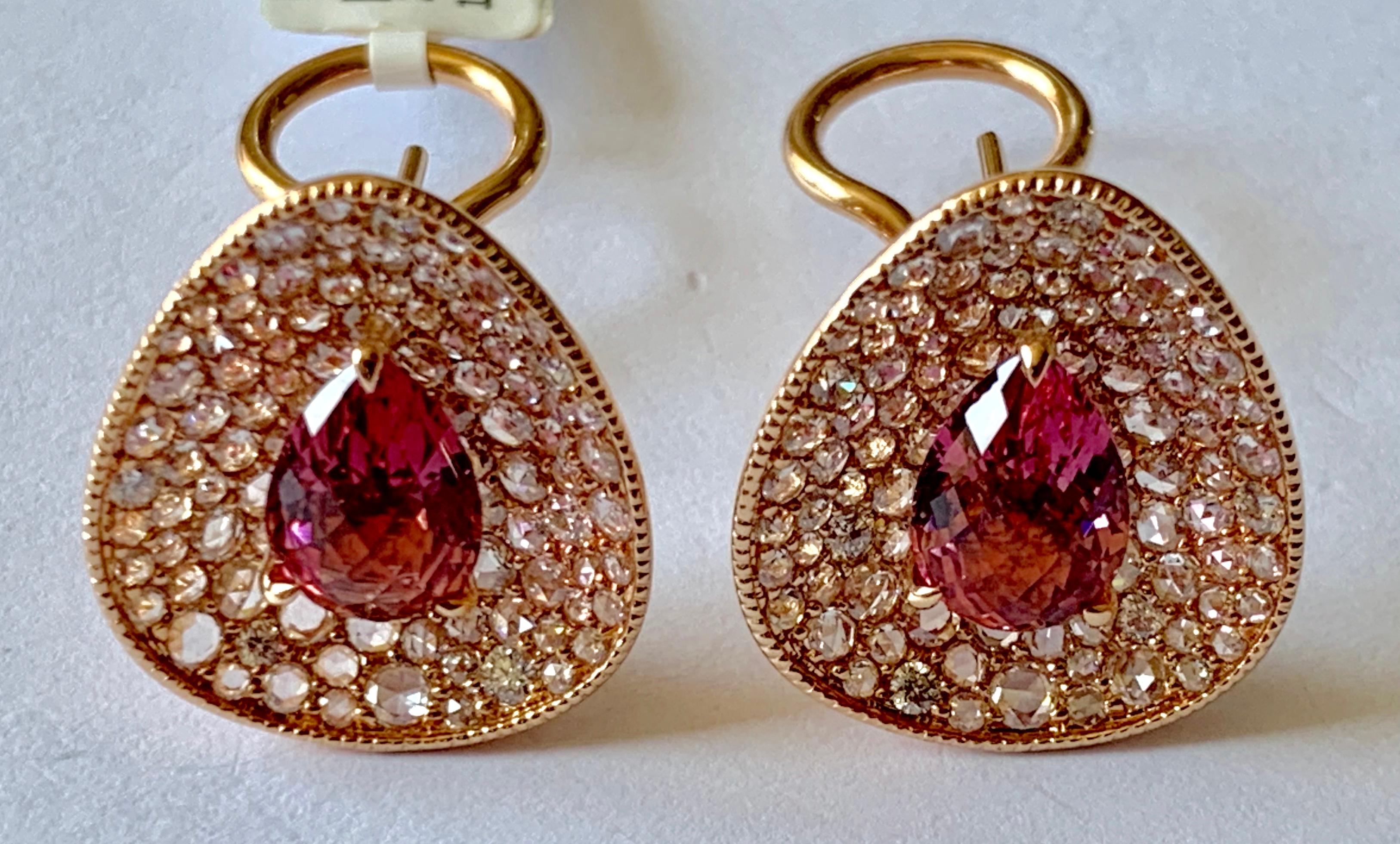 Rose Cut 18 K Pink Tourmaline and Diamond Clip-On Earrings For Sale
