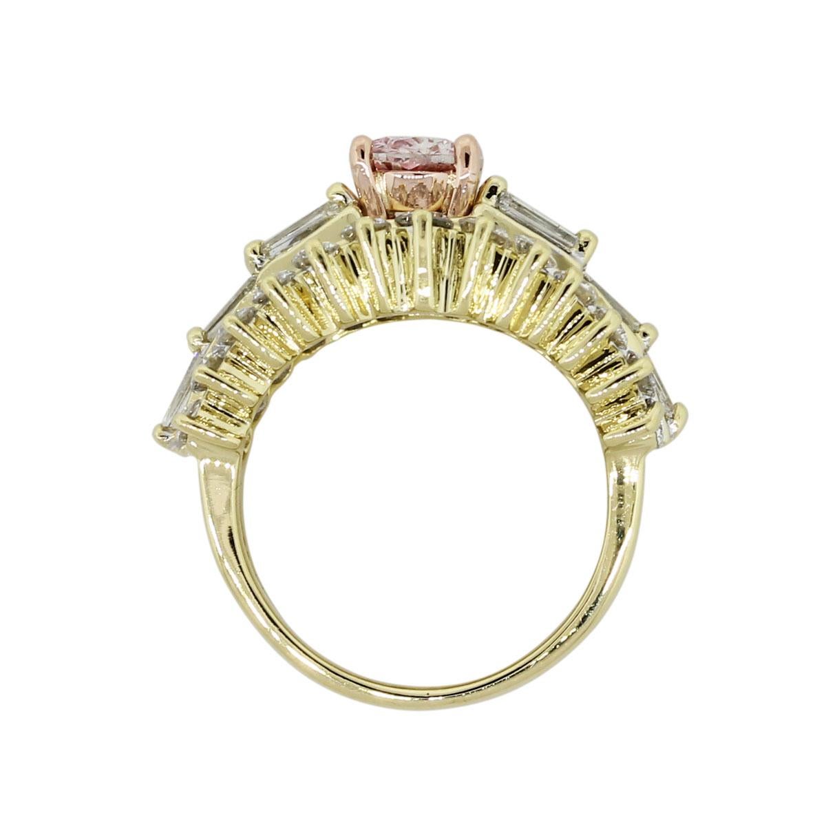 Material: 18k yellow gold
Diamond Details: Approximately 1.80ctw of round brilliant and baguette shape diamonds. Diamonds are G/H in color and VS in clarity
Gemstone Details: Round shape pink tourmaline approximately 0.90ct
Ring Size: 5 (can be