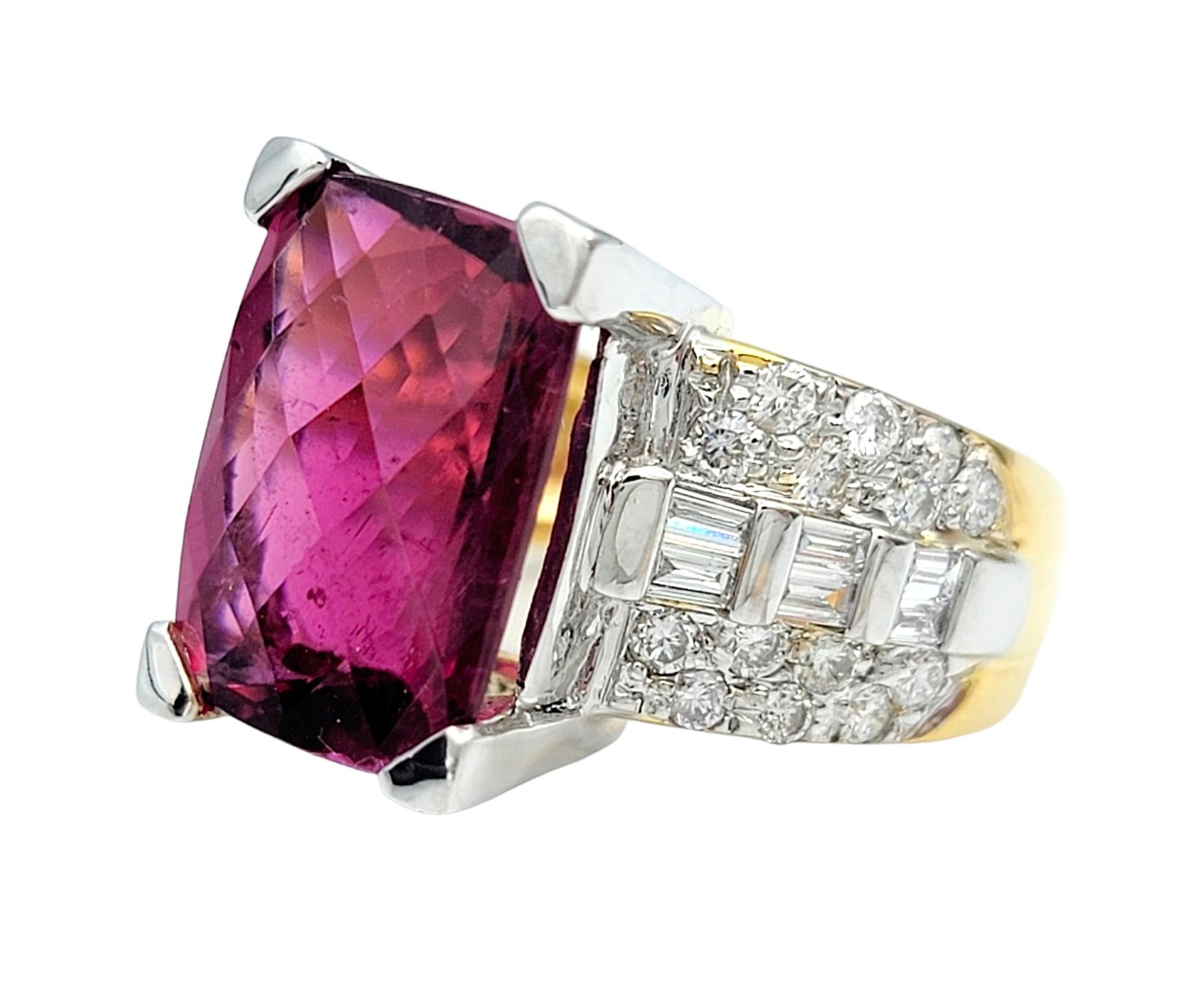 Ring Size: 5

This beautiful pink tourmaline and diamond ring is a breathtaking piece of jewelry, showcasing a harmonious blend of gemstones and precious metals. The checkerboard radiant cut pink tourmaline takes center stage, with its vibrant color