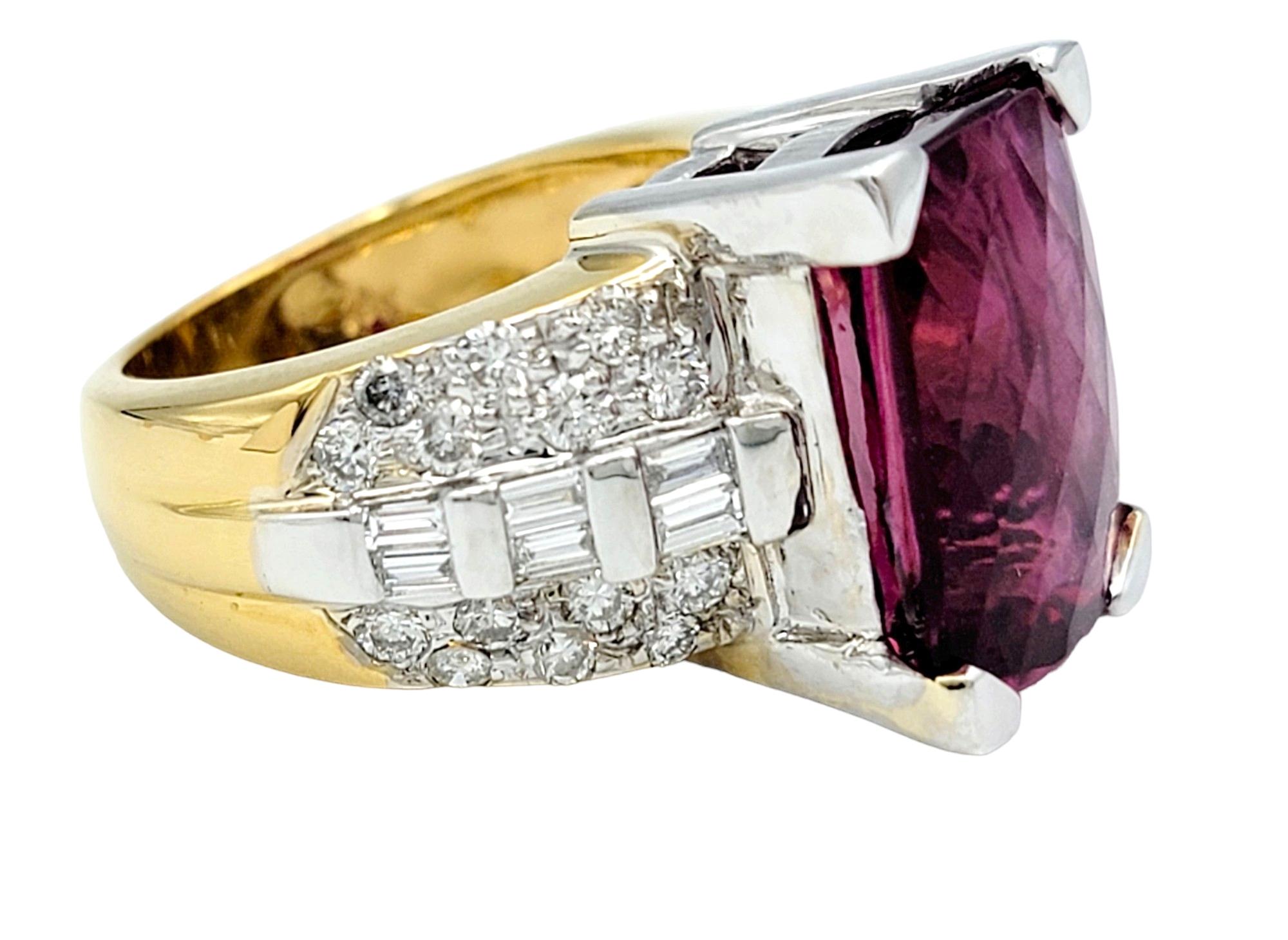 Radiant Cut Pink Tourmaline and Diamond Cocktail Ring in 18 Karat Yellow Gold and Platinum For Sale
