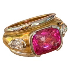 Pink Tourmaline and Diamond Cushion Cut 18 Karat White and Yellow Gold Ring-Sz 6