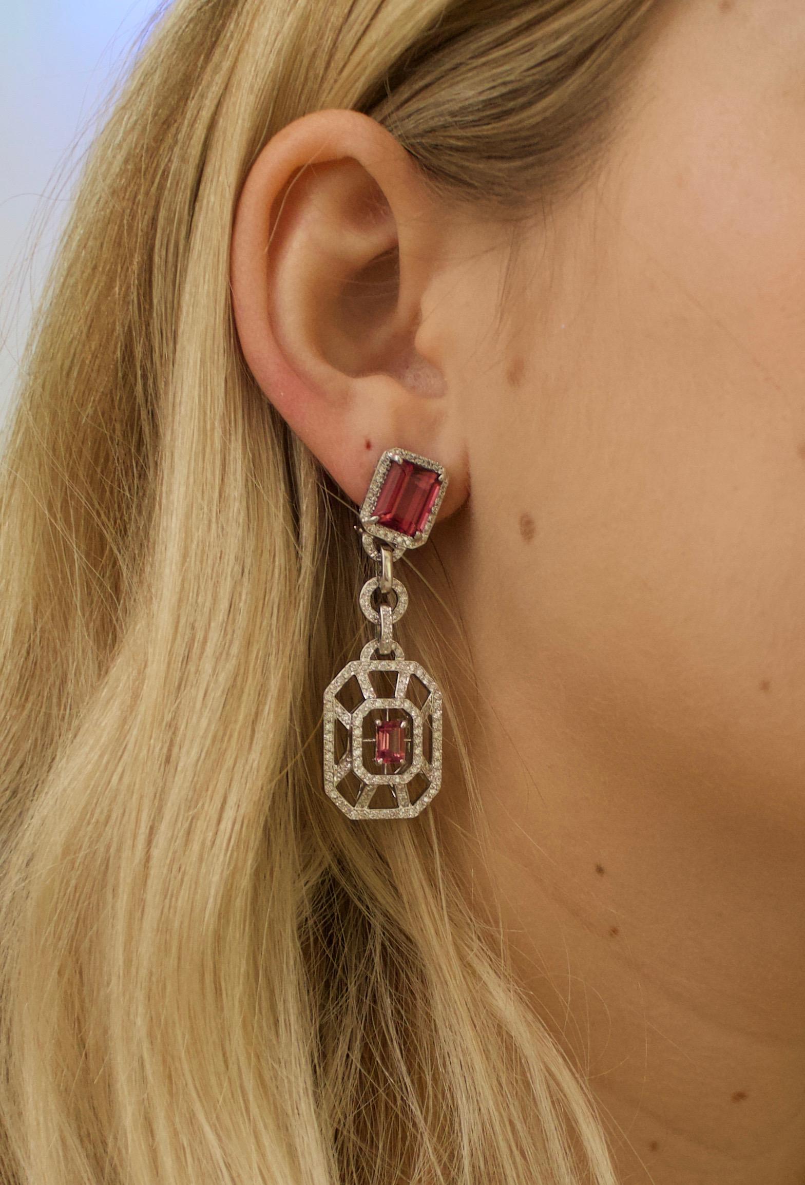 Pink Tourmaline and Diamond Dangling Earrings in 18k White Gold
Two Emerald Cut  Cut Pink Tourmalines Weighing 7.20 Carats Approximately 
Two Emerald Cut  Cut Pink Tourmalines Weighing 1.20 Carats Approximately 
292 Round Brilliant Cut Diamonds