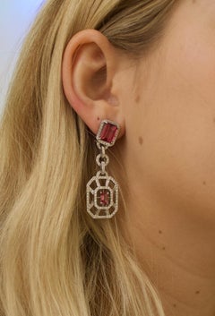 Pink Tourmaline and Diamond Dangling Earrings in 18 Karat White Gold