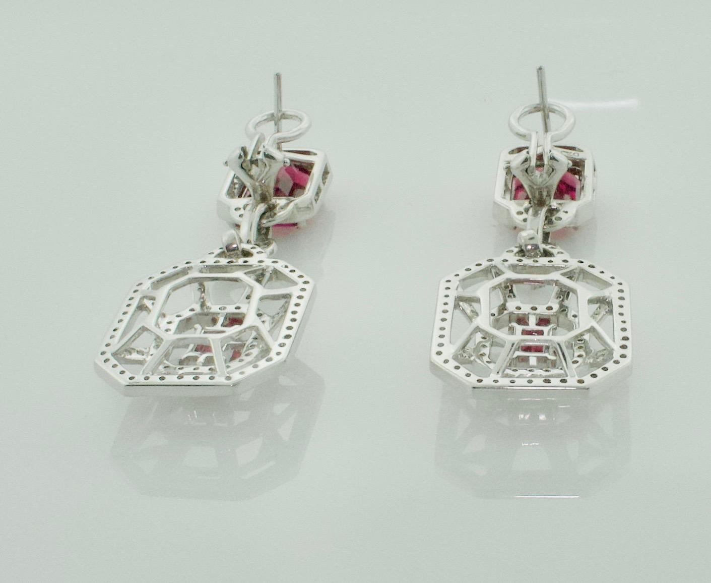 Women's or Men's Pink Tourmaline and Diamond Dangling Earrings in 18 Karat White Gold For Sale