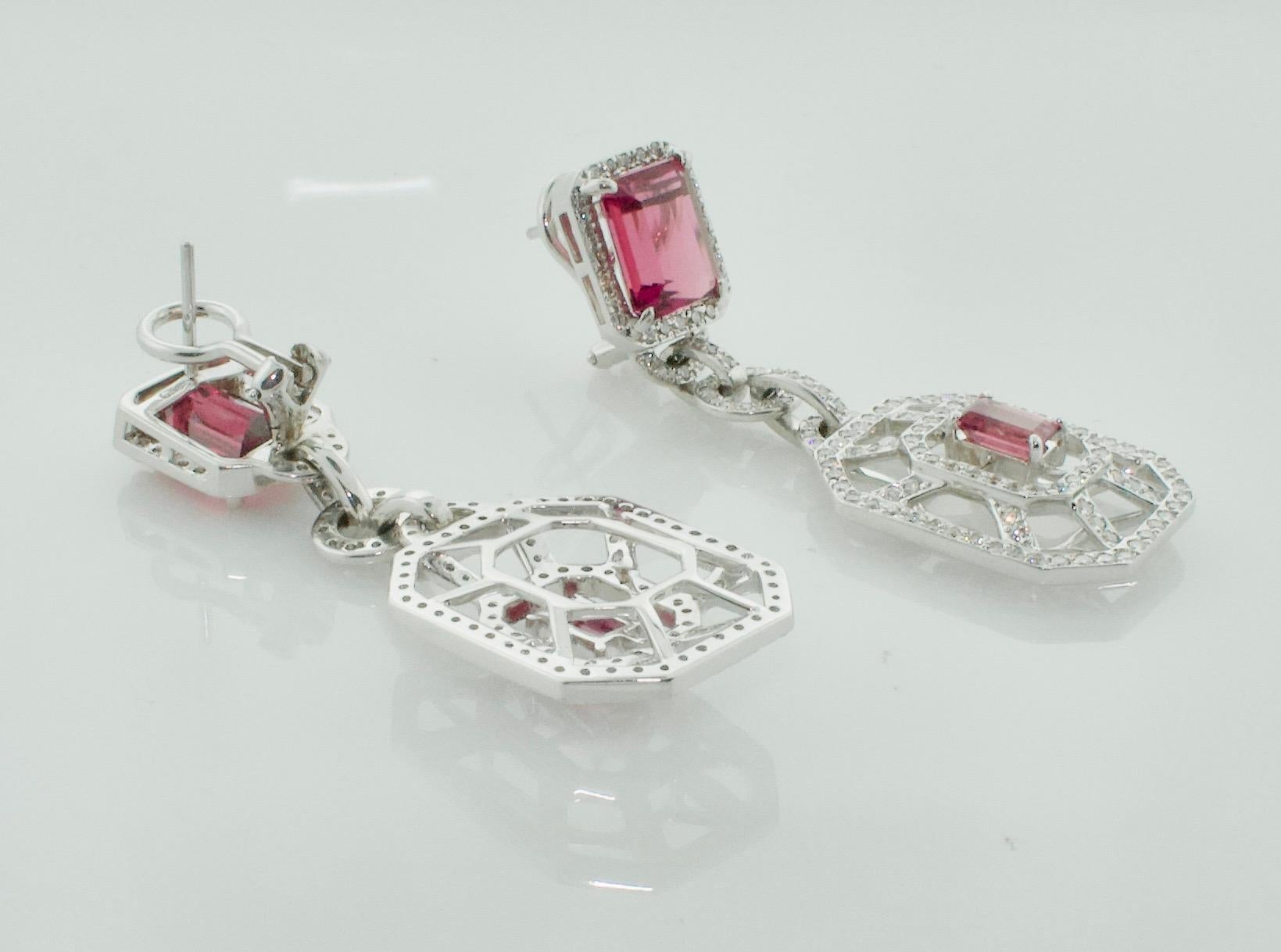 Pink Tourmaline and Diamond Dangling Earrings in 18 Karat White Gold For Sale 1