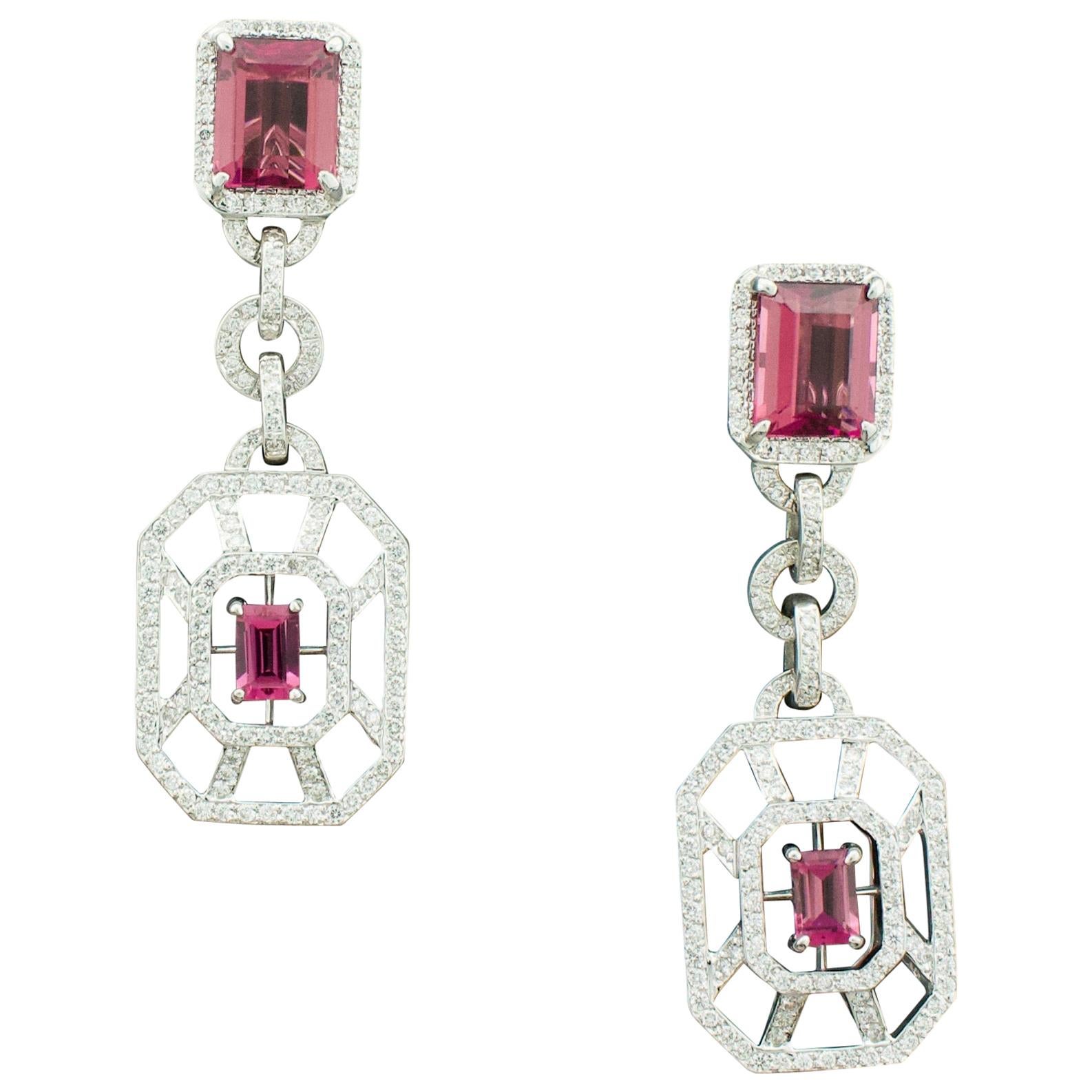 Pink Tourmaline and Diamond Dangling Earrings in 18 Karat White Gold For Sale