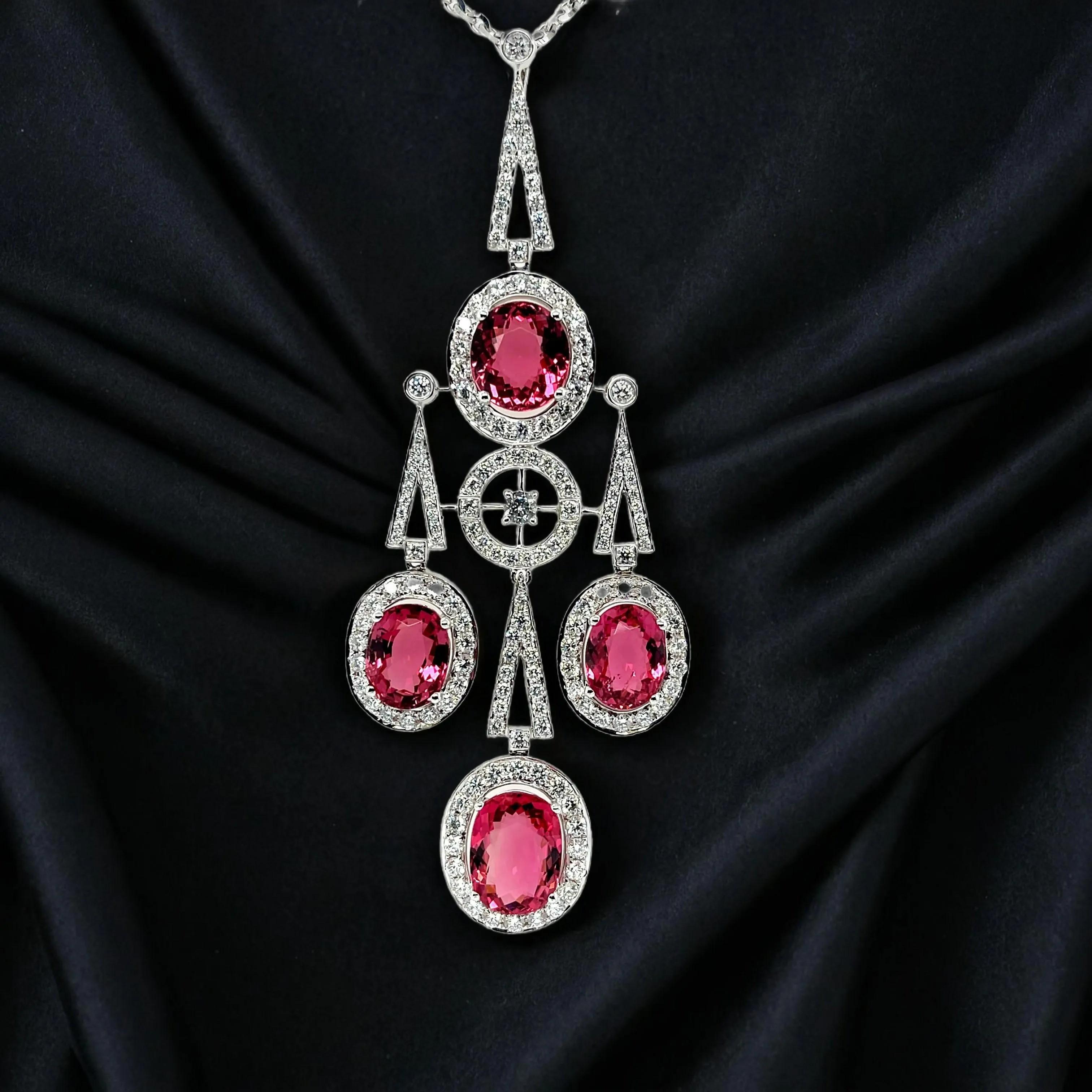 Taglio ovale Tormalina rosa e diamante  Collana a goccia in oro bianco 18 carati in vendita