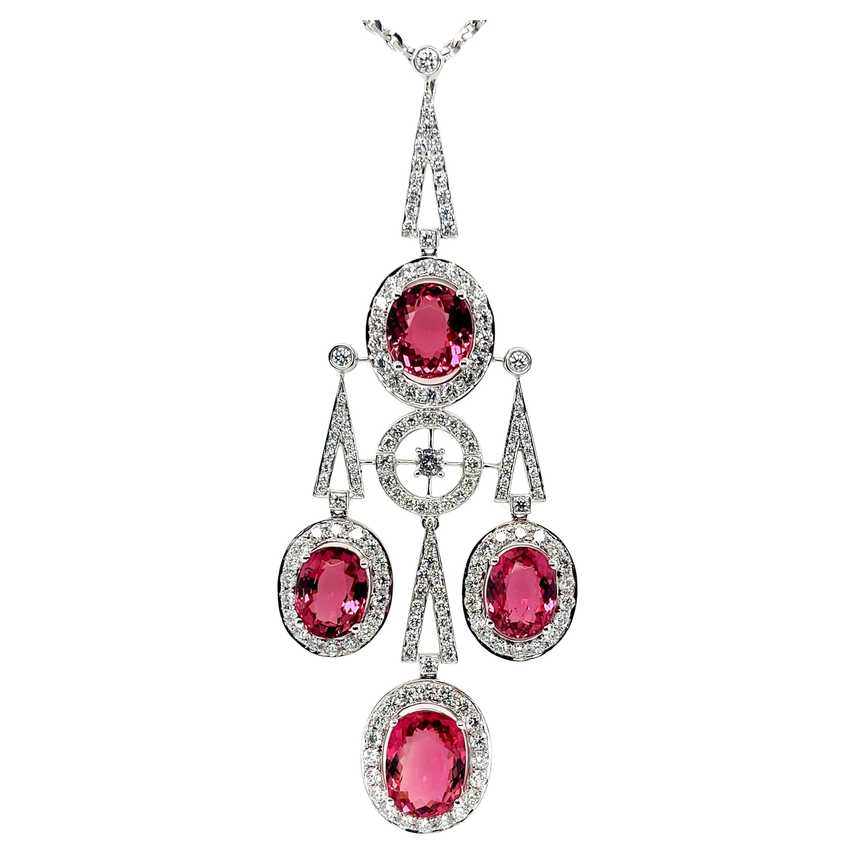 Pink Tourmaline and Diamond  Drop Necklace in 18k White Gold