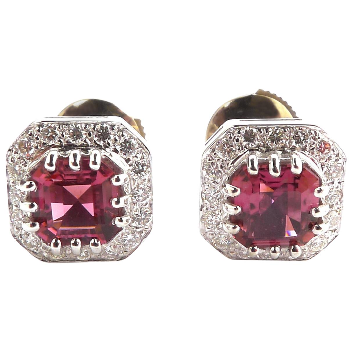 Pink Tourmaline and Diamond Earring Mounted in 18 Karat Gold For Sale
