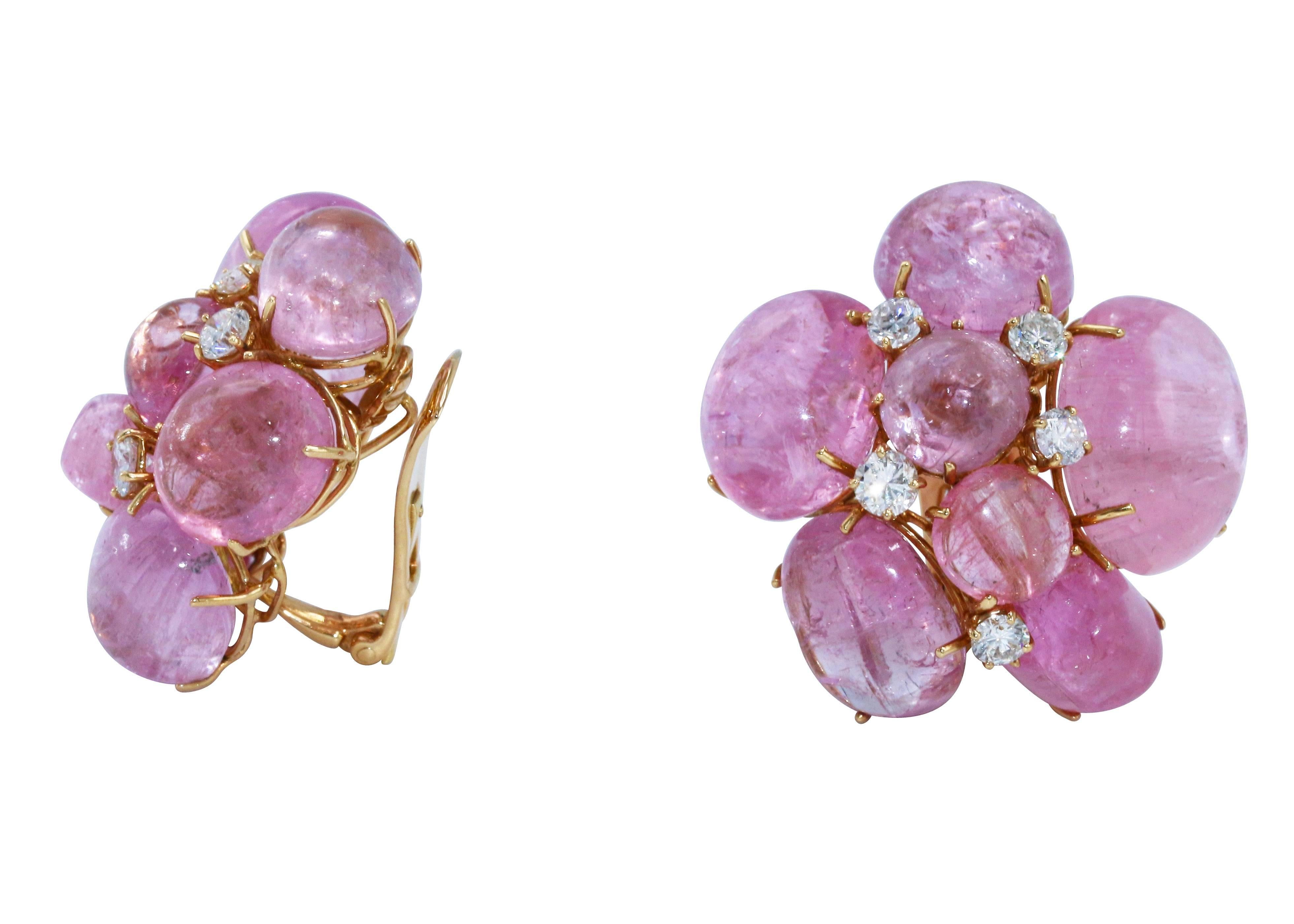 Pair of 18 karat rose gold, pink tourmaline and diamond earclips, designed as clusters of numerous cabochon pink tourmalines, accented by 10 round diamonds weighing approximately 2.20 carats, measuring 1 1/2 by 1 1/2 inches, gross weight 44.3