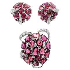 Pink Tourmaline and Diamond Earrings and Brooch Set